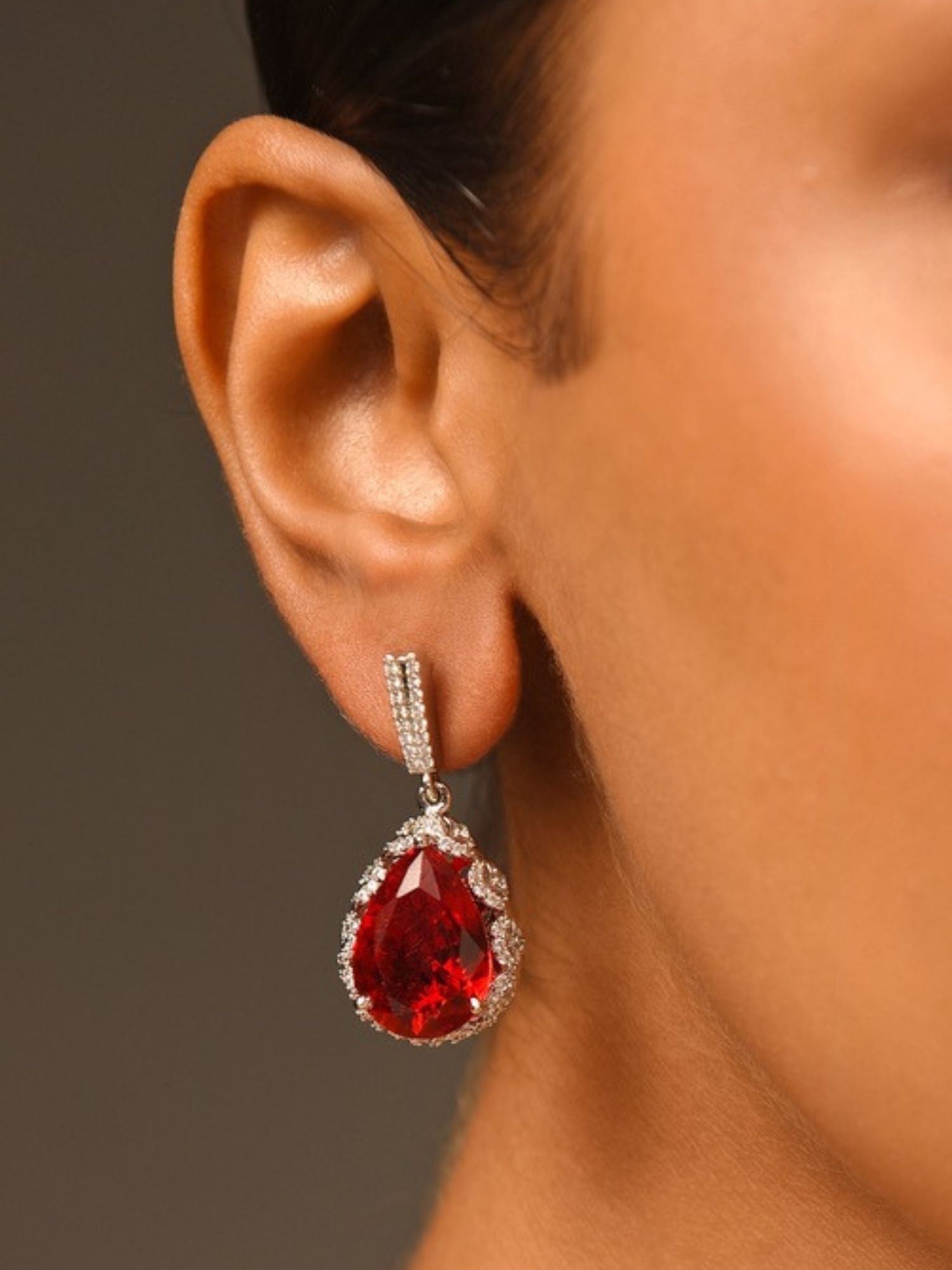 Abdesignsjewellery red drop earrings for women teardrop ruby halo pendant on silver pave hoop shown on ear