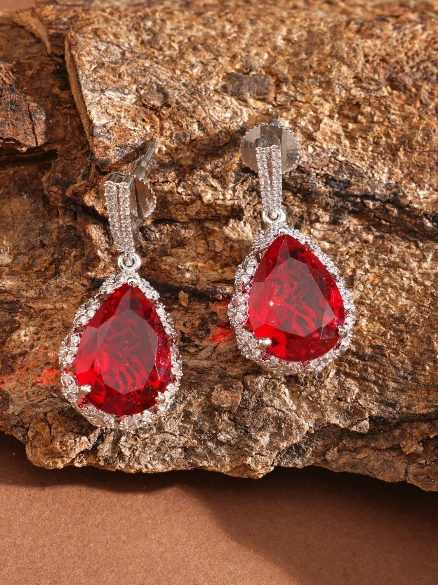 Abdesignsjewellery red drop earrings for women teardrop red crystal halo dangle earrings in silver setting