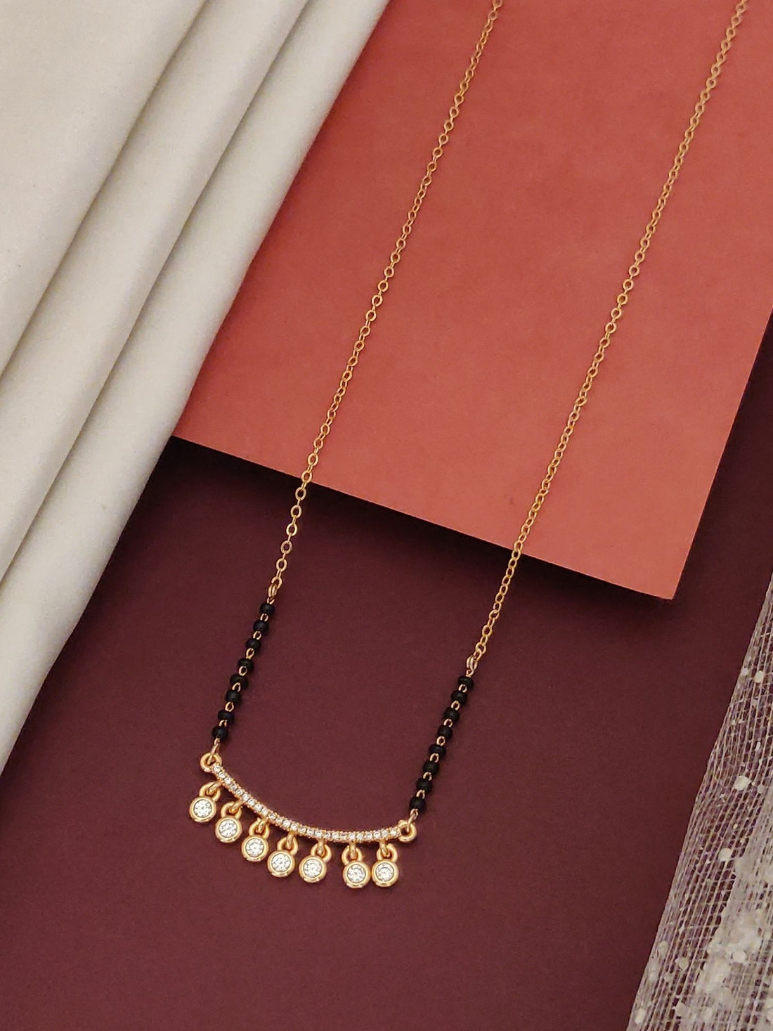 Rose Gold Plated American Diamond Mangalsutra delicate chain with black beads and hanging diamond charms