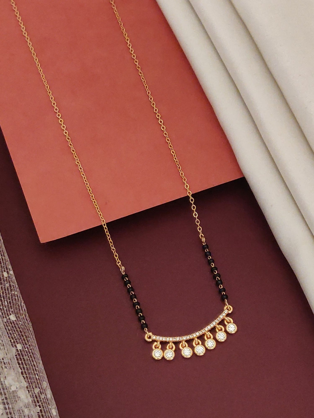 Rose Gold Plated American Diamond Mangalsutra delicate chain with black beads and hanging diamond charms