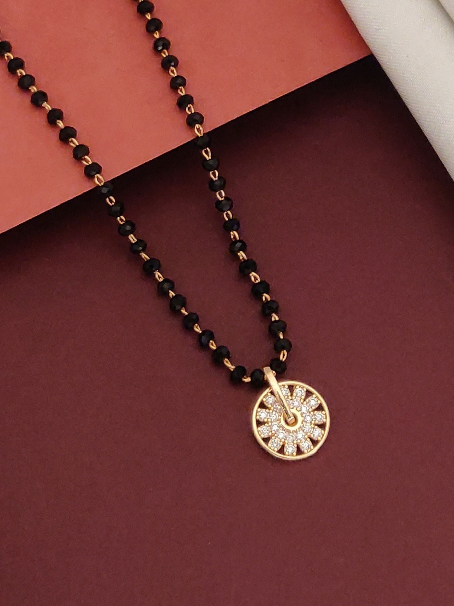 Abdesignsjewellery rose gold plated mangalsutra for women with black bead chain and crystal round pendant elegant wedding jewelry