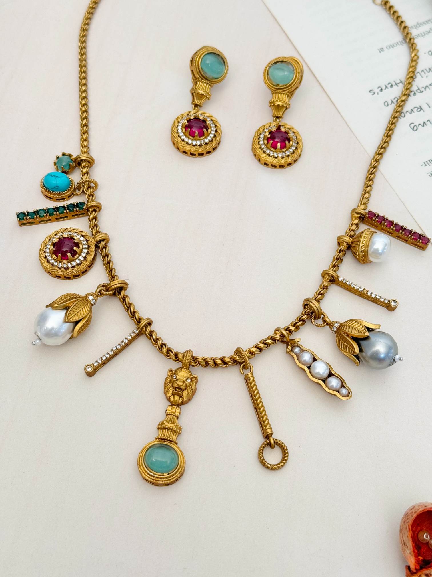 Sabyasachi inspired diamond necklace set gold charm necklace with pearls turquoise ruby accents and matching earrings