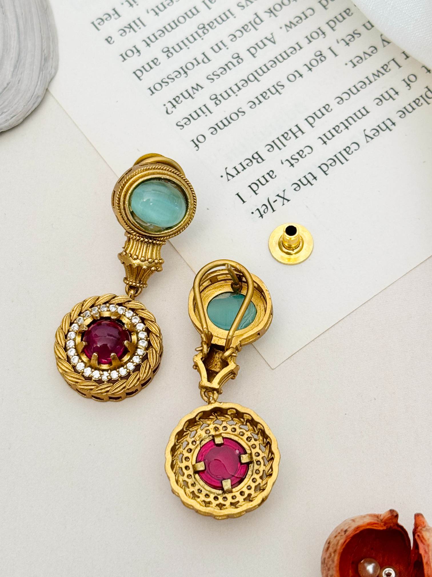 Sabyasachi inspired diamond necklace set gold pendant with red ruby center aqua stone accent and crystal halo