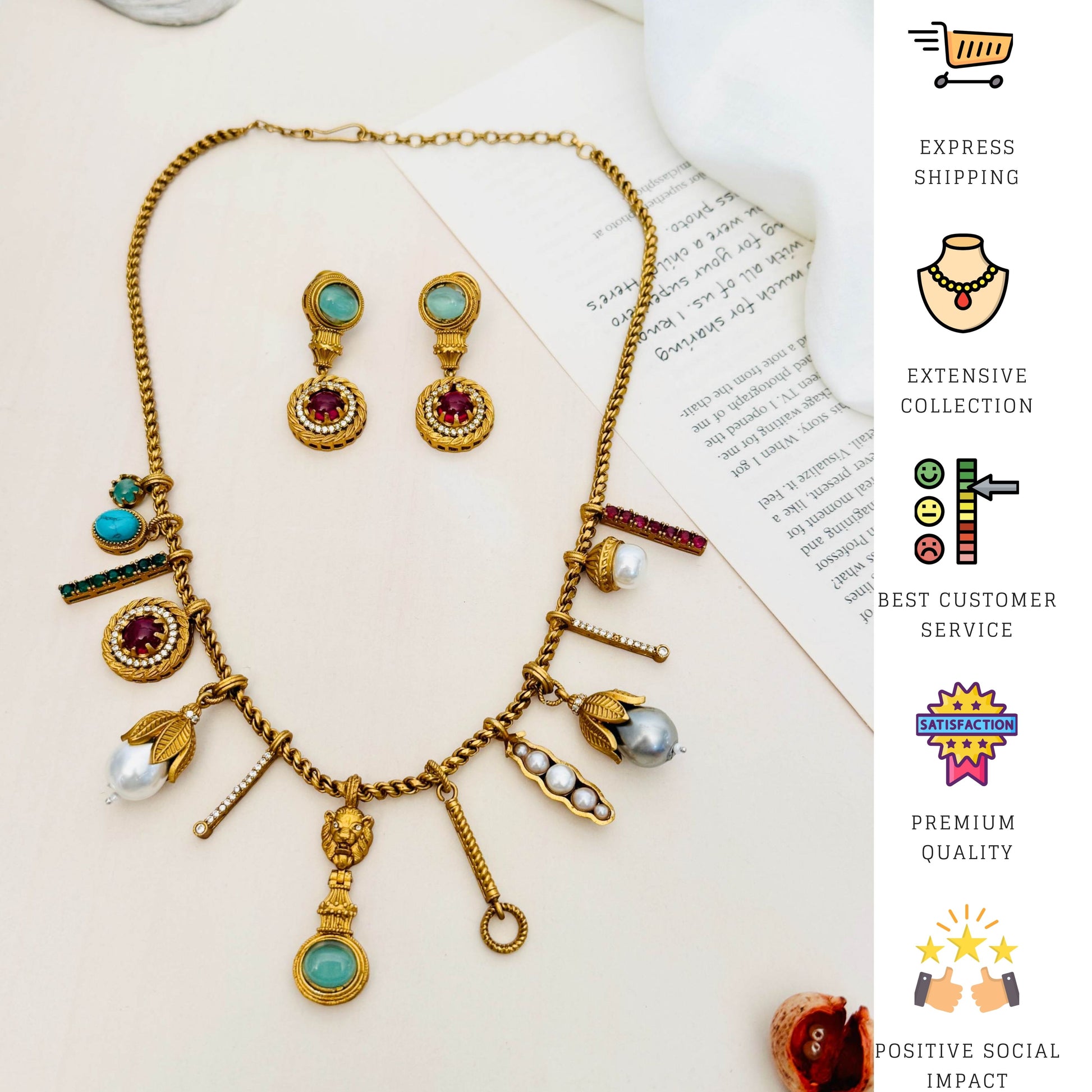 Abdesignsjewellery Sabyasachi inspired diamond necklace set gold tone charms with turquoise ruby and pearl drop earrings