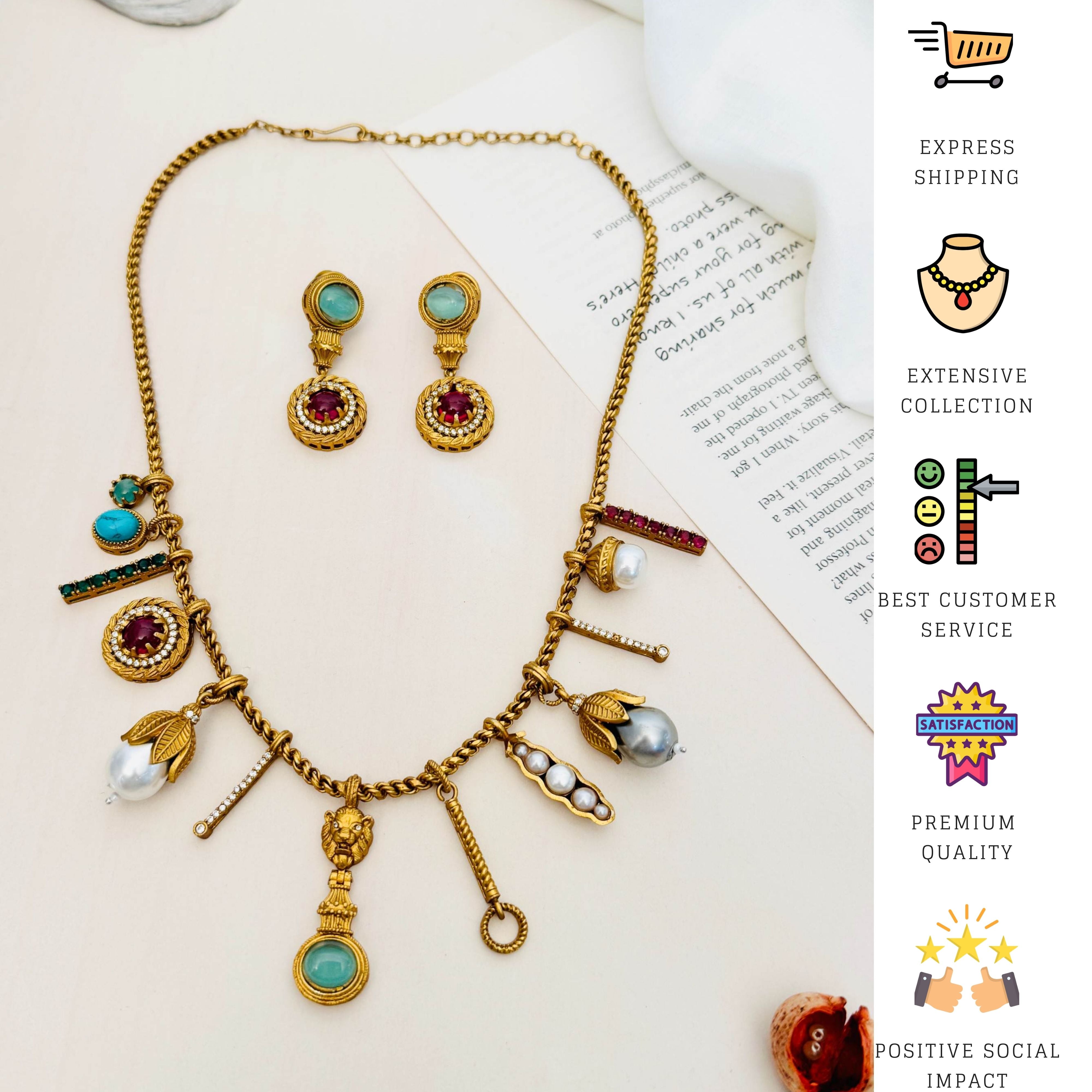 Abdesignsjewellery Sabyasachi inspired diamond necklace set gold tone charms with turquoise ruby and pearl drop earrings