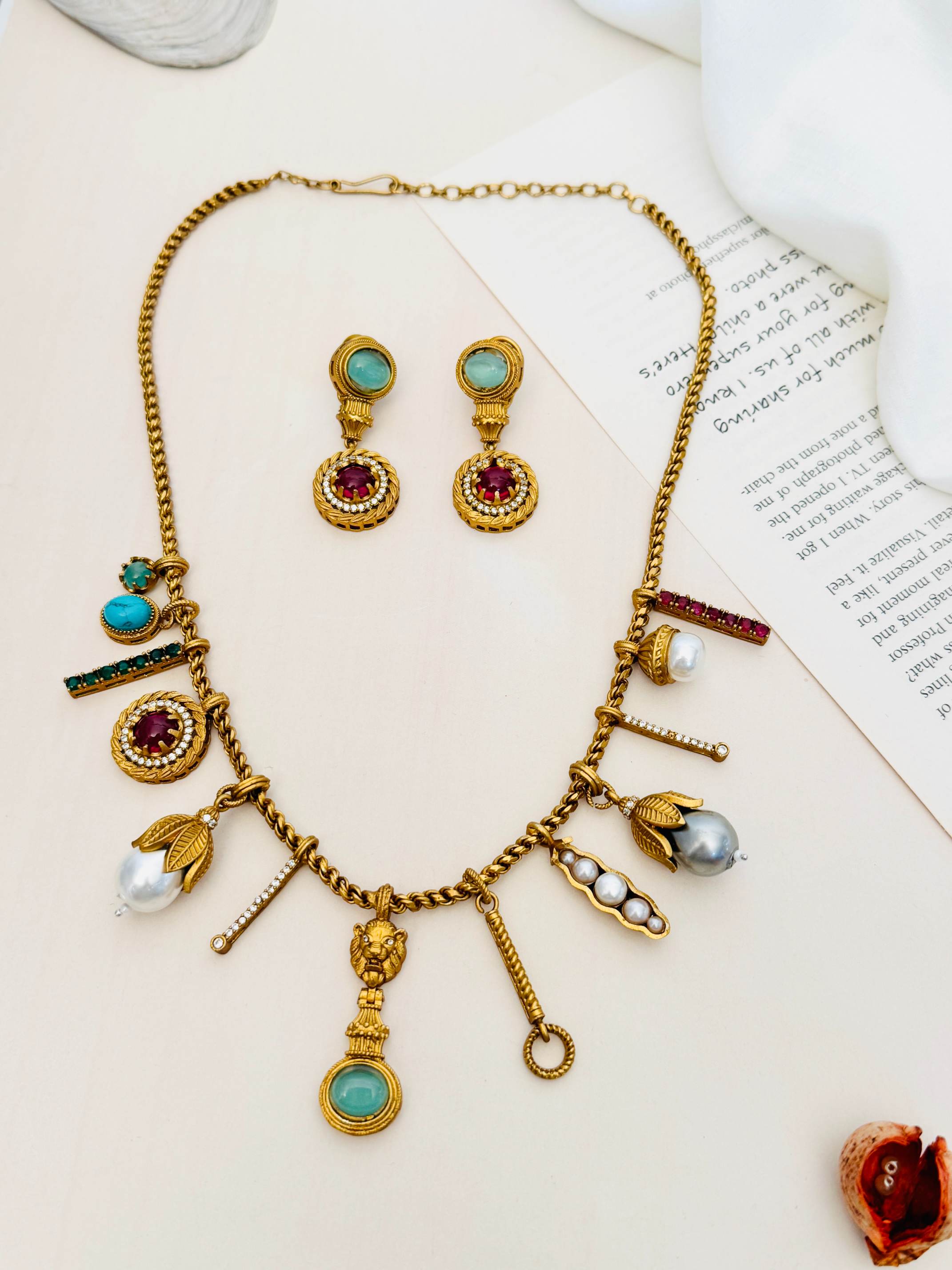 Abdesignsjewellery gold tone necklace set with turquoise red stones pearls and danglers Sabyasachi inspired diamond necklace set