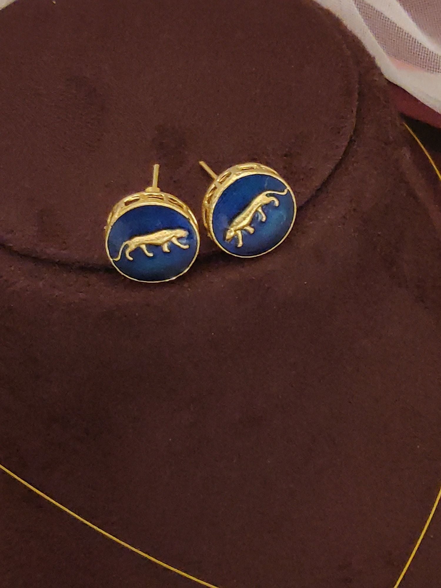 Sabyasachi inspired necklace earrings set gold panther round stud earrings with blue enamel on display