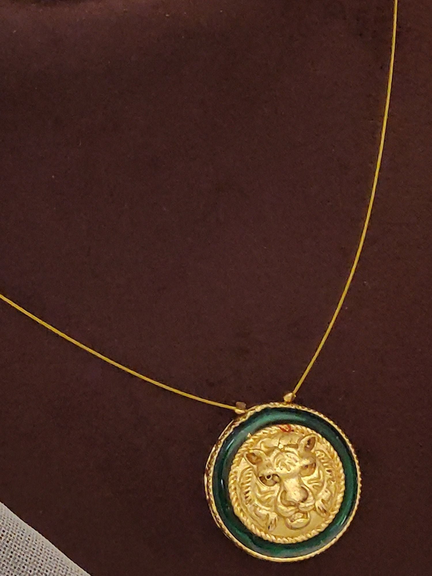 Sabyasachi inspired necklace earrings set Abdesignsjewellery gold pendant chain with lion motif and green enamel border