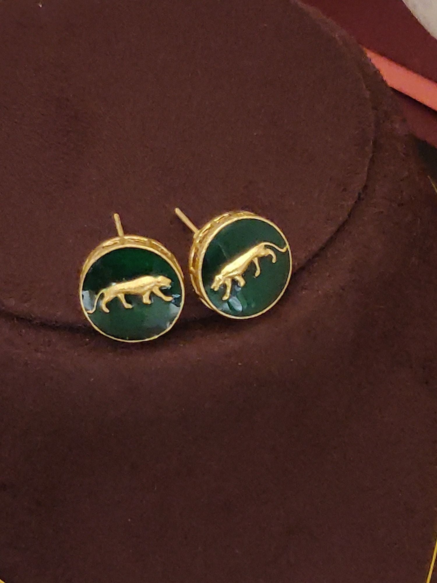 Sabyasachi inspired necklace earrings set green enamel gold panther stud earrings by Abdesignsjewellery