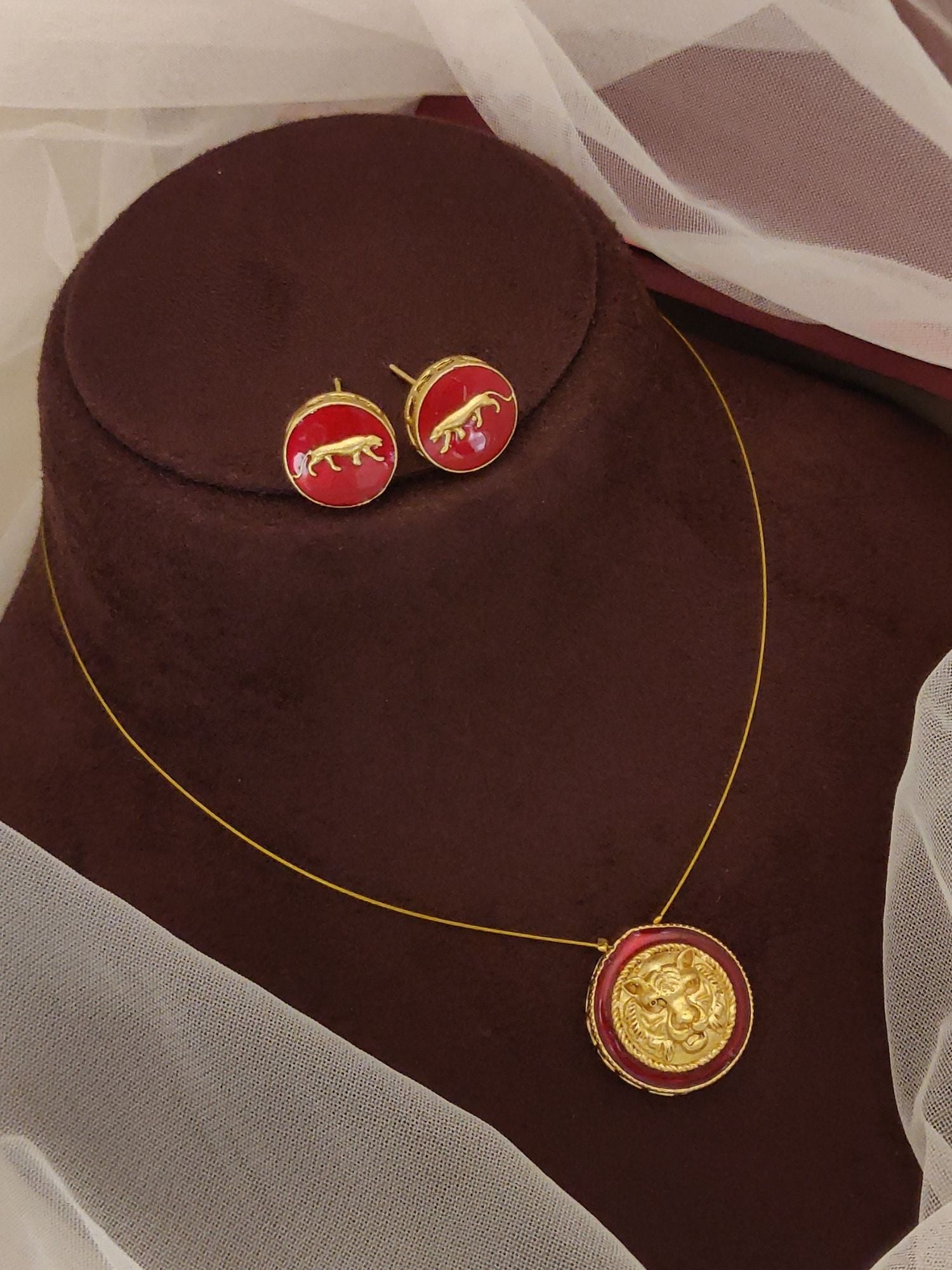Gold and red round pendant on delicate chain with matching round stud earrings Sabyasachi inspired necklace earrings set