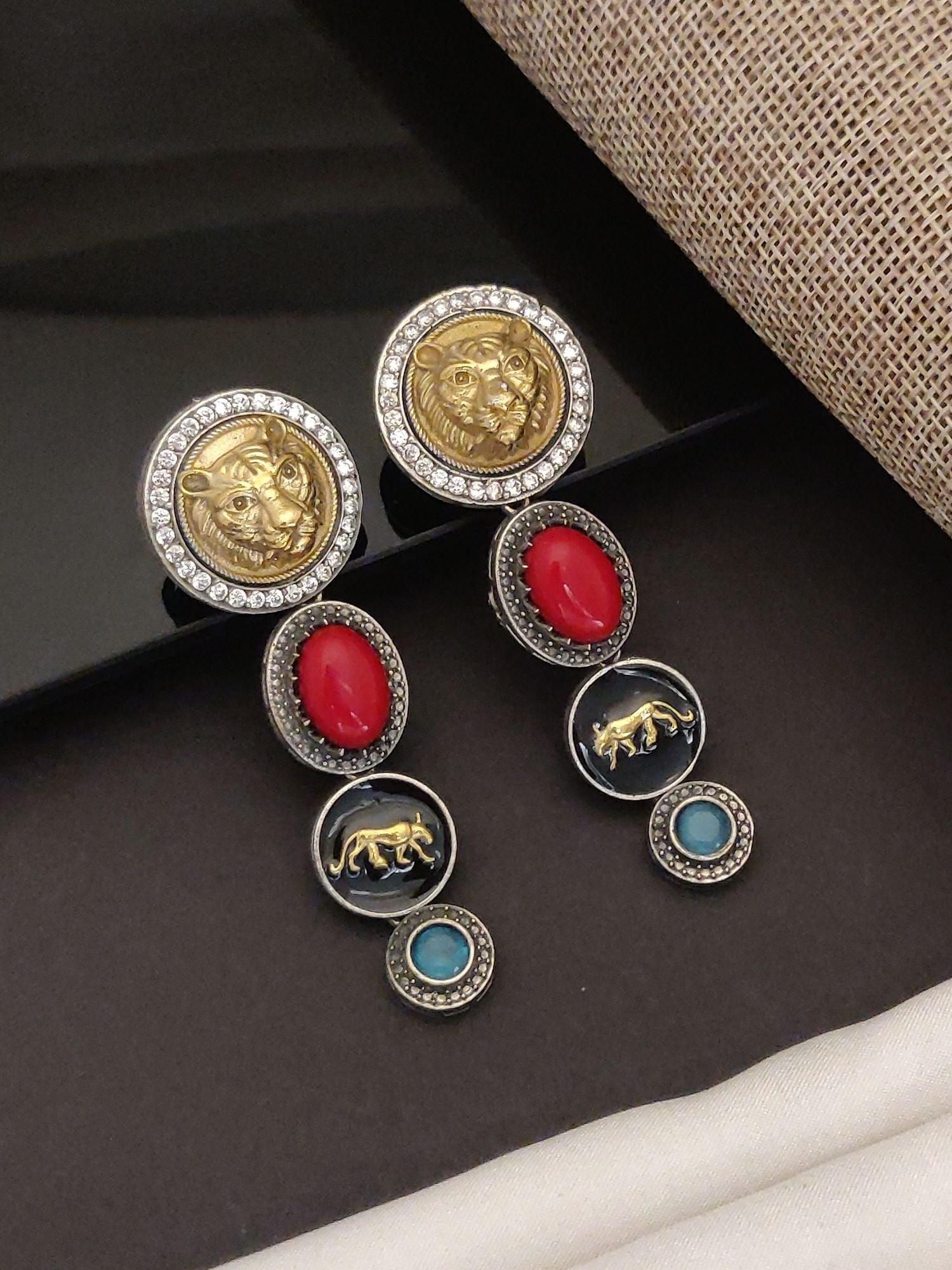 Sabyasachi inspired silver earrings long dangle with gold lion medallion red oval cabochon black enamel tiger and turquoise