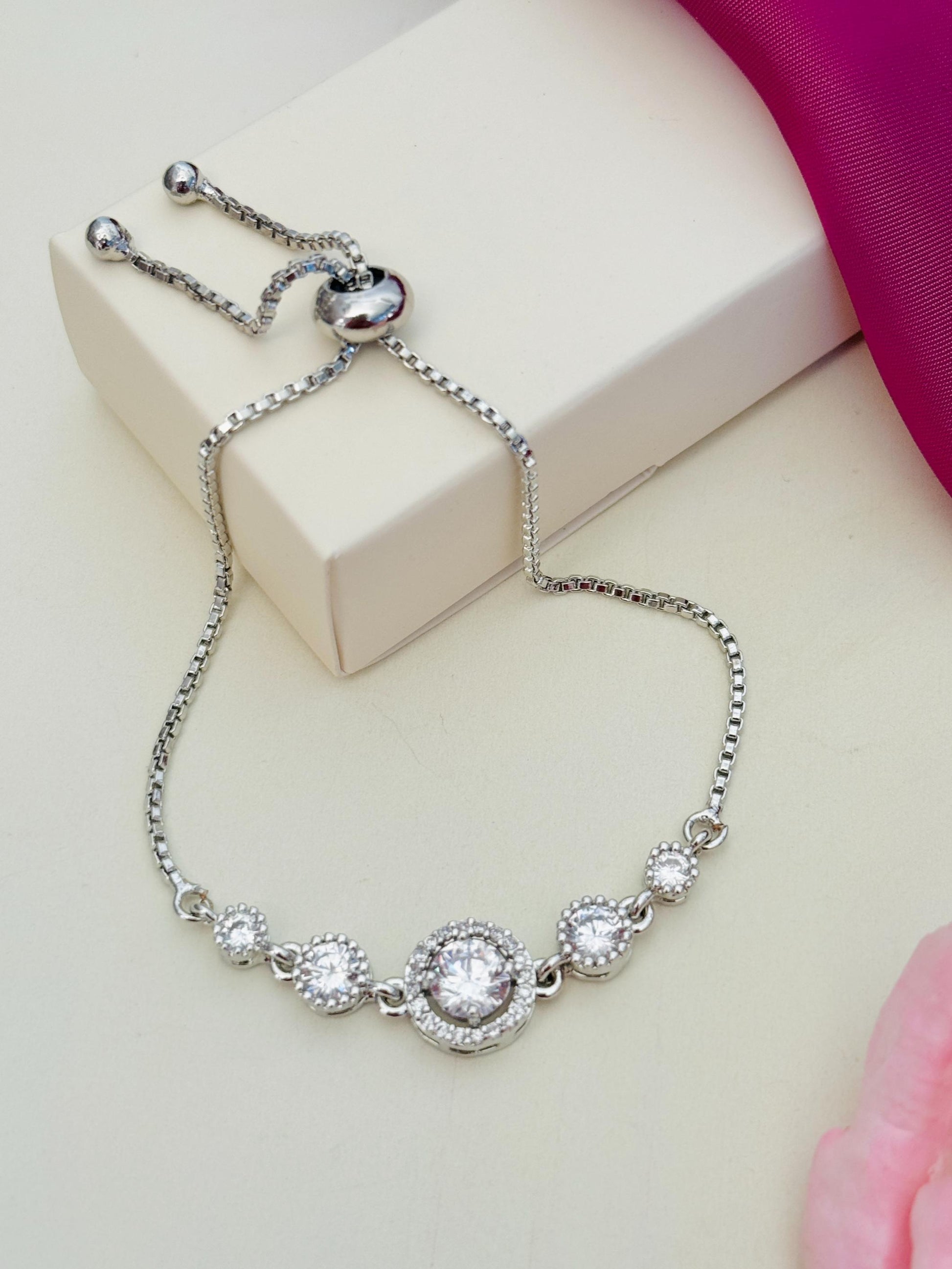 Silver Plated American Diamond Bracelet with adjustable chain and sparkling round stones by Abdesignsjewellery