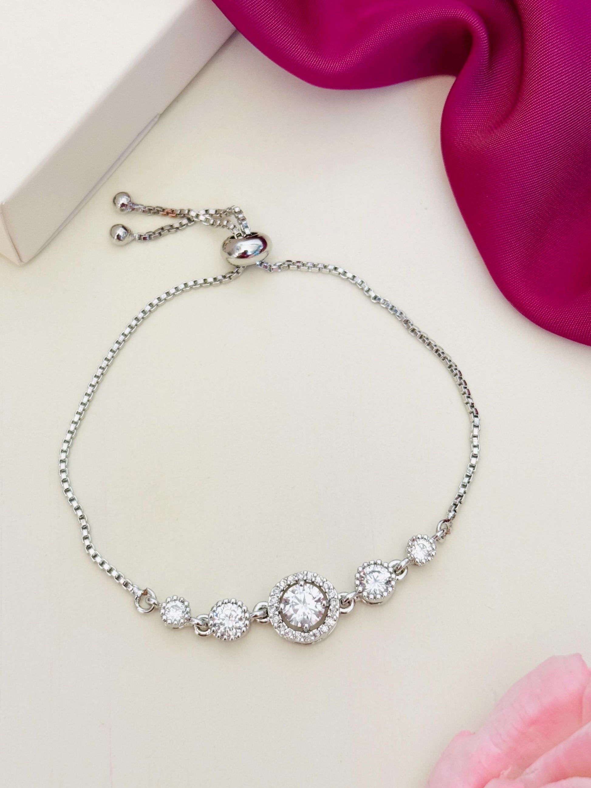 Silver Plated American Diamond Bracelet by Abdesignsjewellery with sparkling round stones and adjustable chain