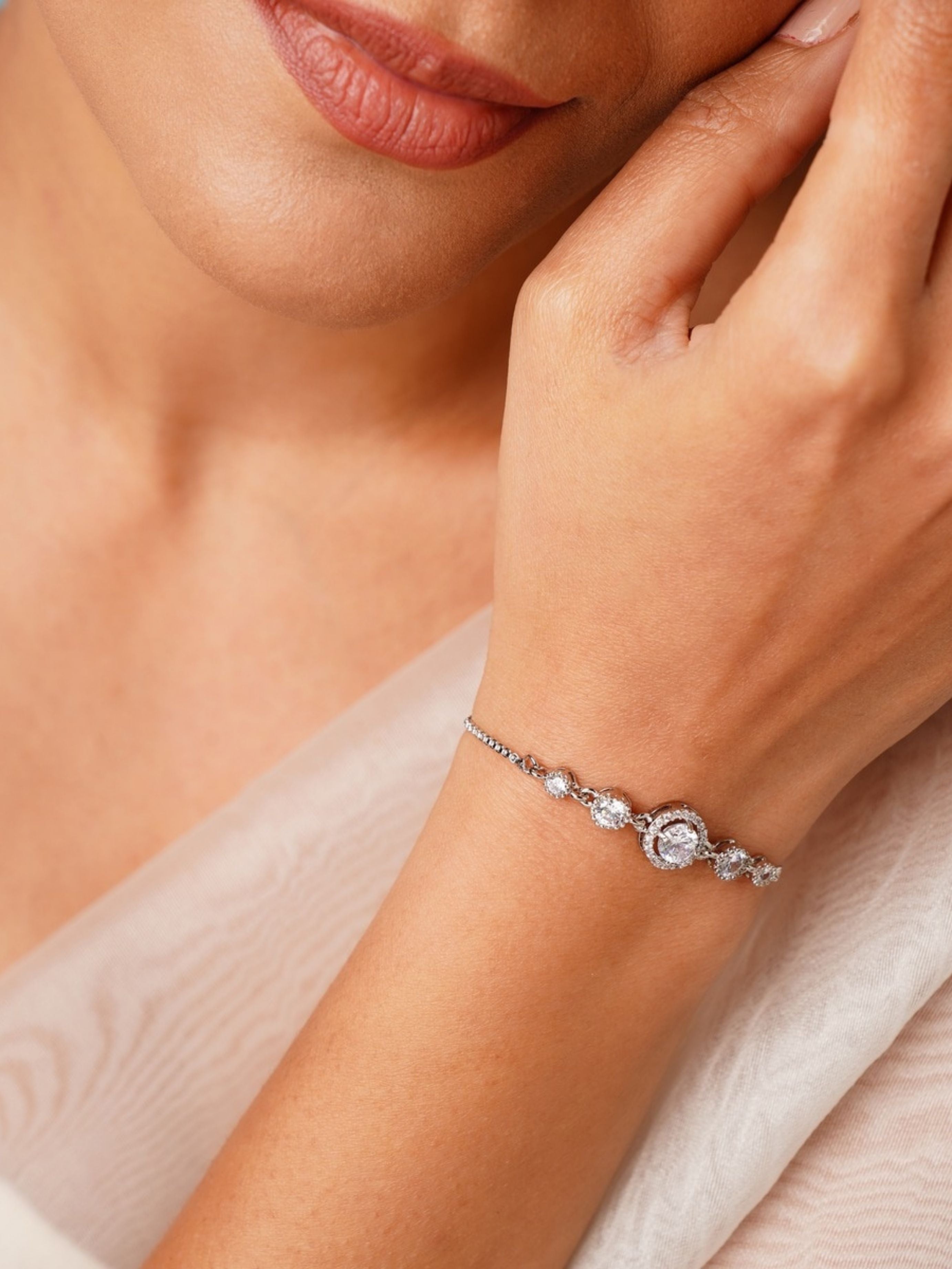 Silver Plated American Diamond Bracelet on wrist from Abdesignsjewellery showcasing sparkling stones
