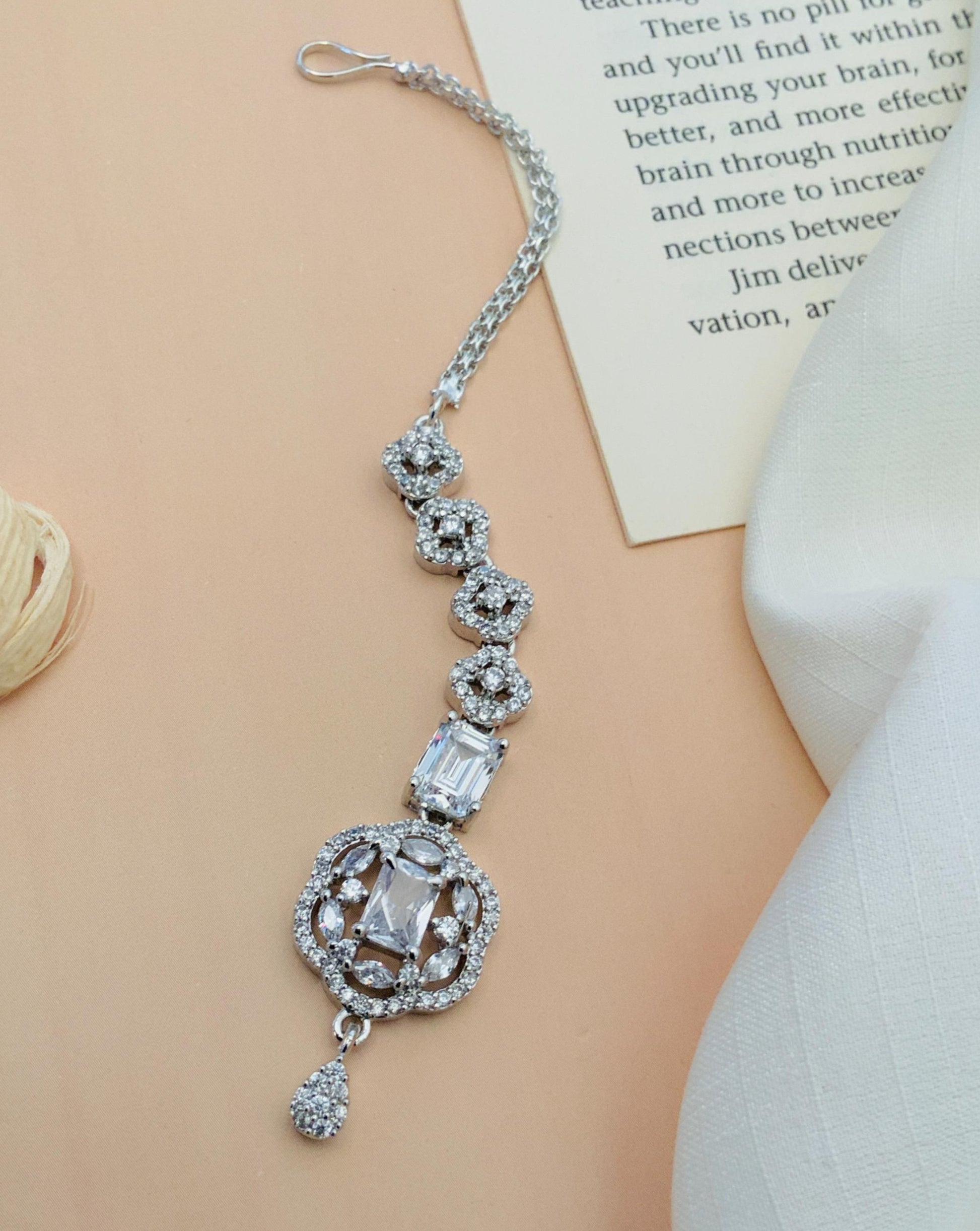 Silver Plated American Diamond Maangtikka with intricate design and sparkling stones by Abdesignsjewellery