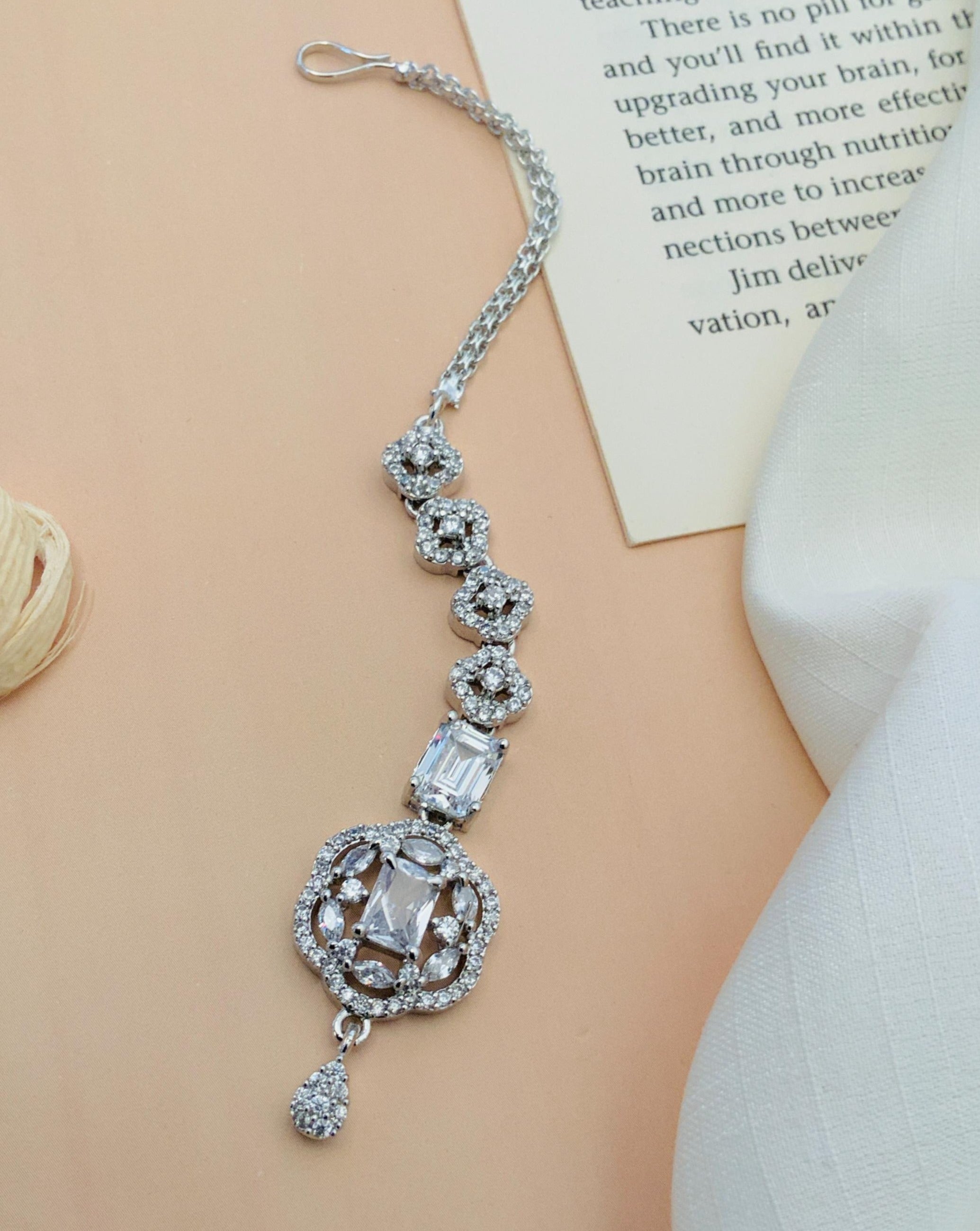 Silver Plated American Diamond Maangtikka with intricate design and sparkling stones by Abdesignsjewellery