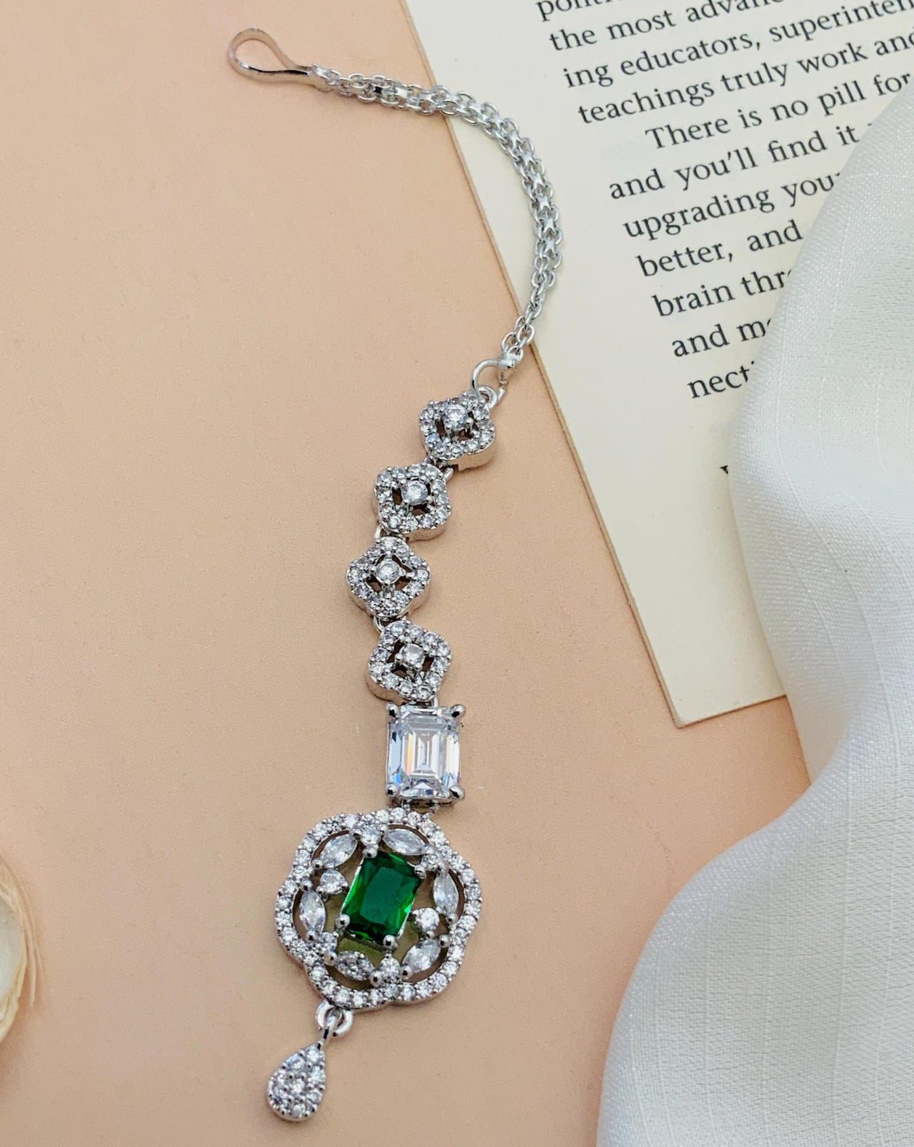 Silver Plated American Diamond Maangtikka with green and clear stones by Abdesignsjewellery