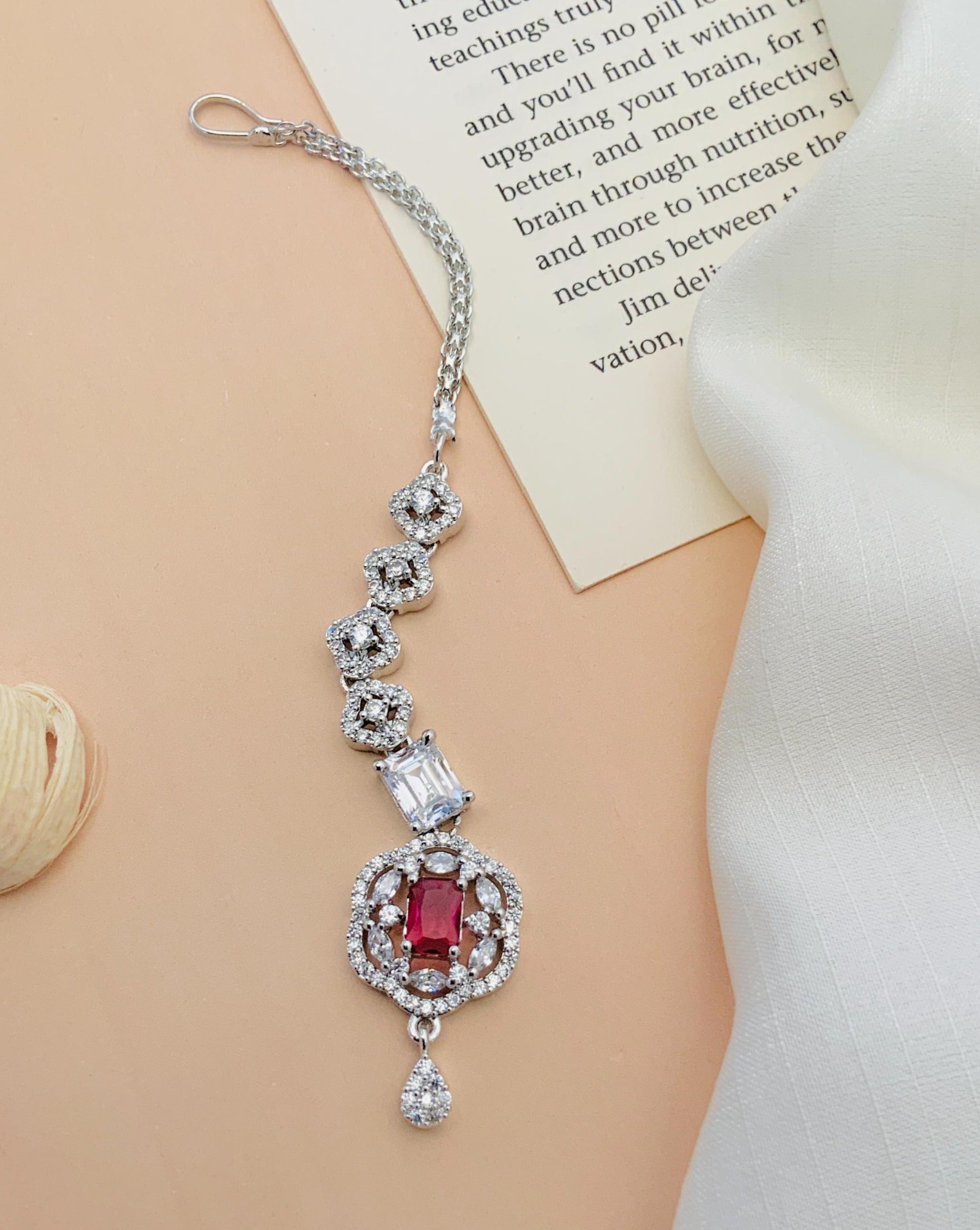 Silver Plated American Diamond Maangtikka with red and clear stones by Abdesignsjewellery
