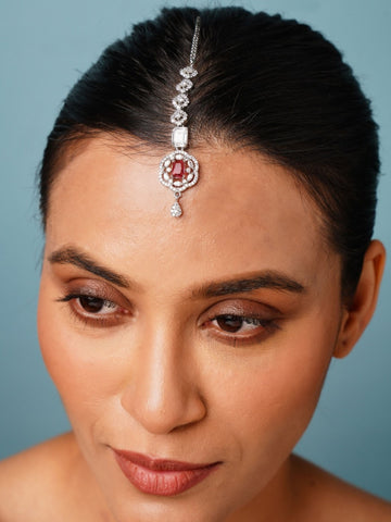 Silver Plated American Diamond Maangtikka worn on forehead with red center stone by Abdesignsjewellery