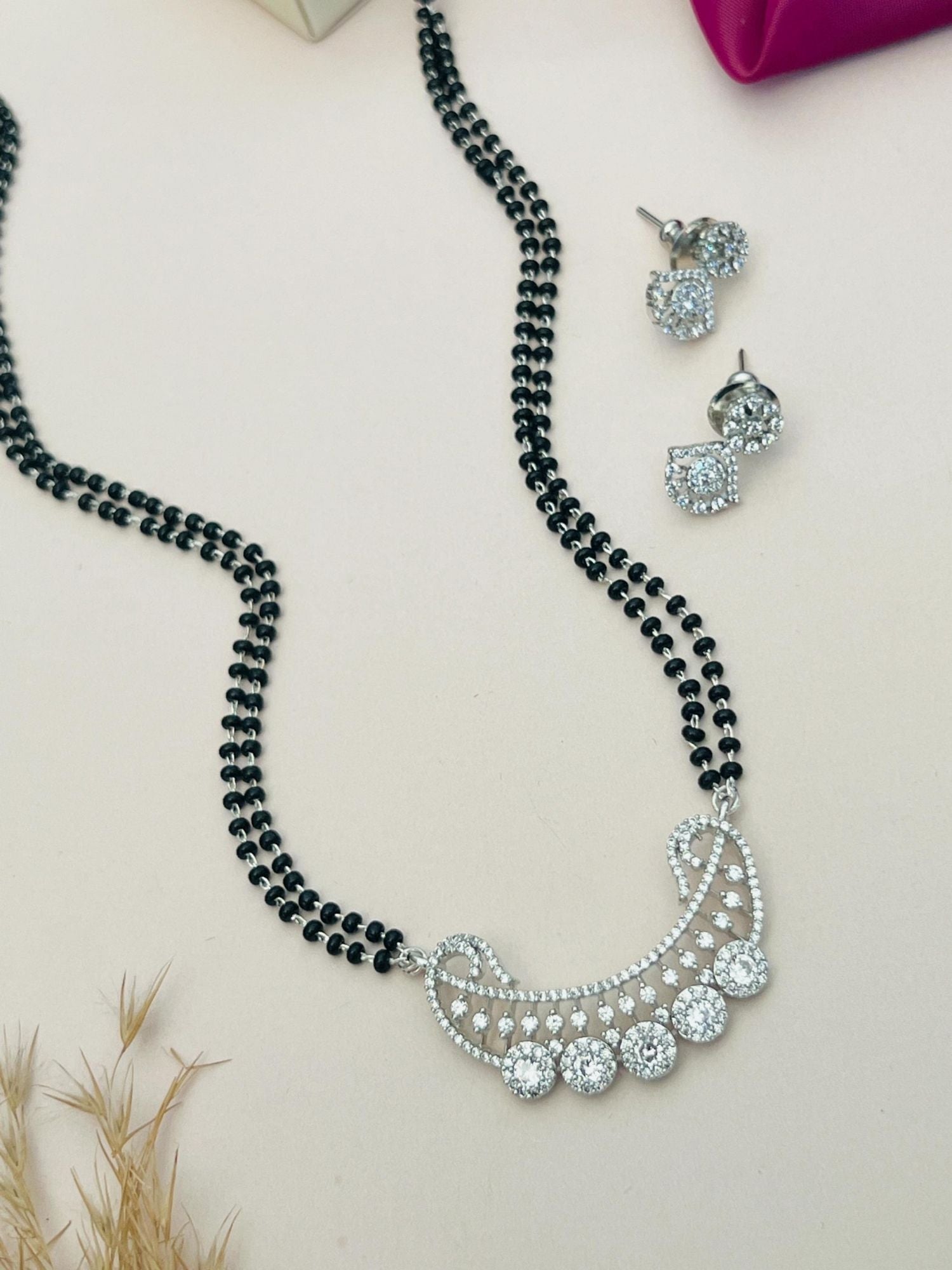 Silver Plated American Diamond Mangalsutra With Earrings Abdesignsjewellery black bead chain with diamond pendant and studs