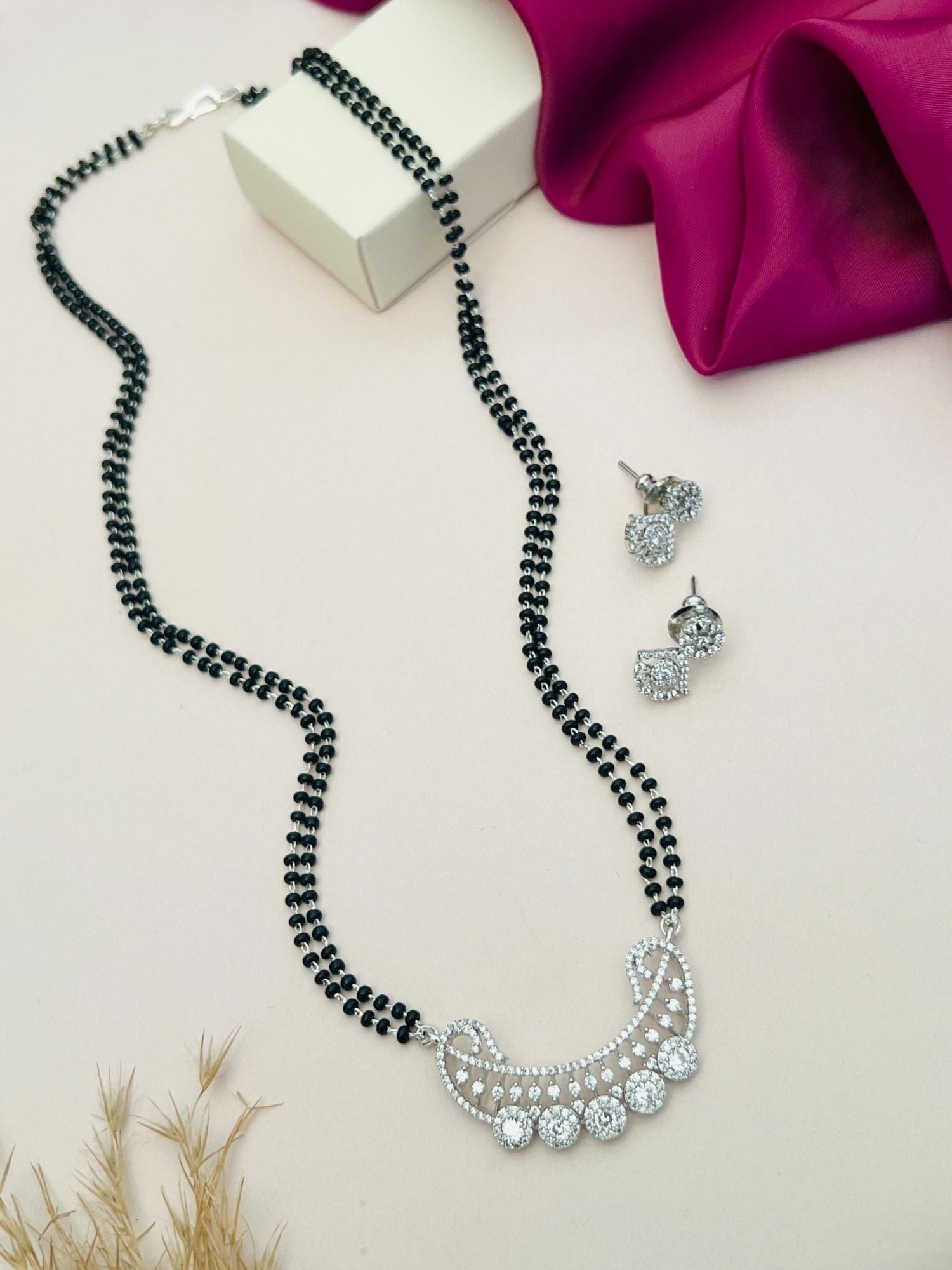 Silver Plated American Diamond Mangalsutra With Earrings black double bead chain crescent pendant and matching studs