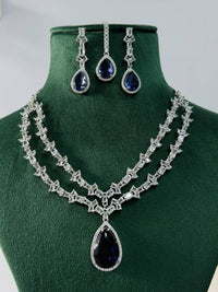 Thumbnail for Silver Plated American Diamond Necklace Set with blue teardrop stones on green display stand