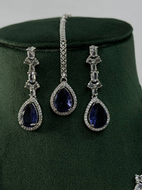 Thumbnail for Silver Plated American Diamond Necklace Set with teardrop blue stones and intricate clear diamond detailing
