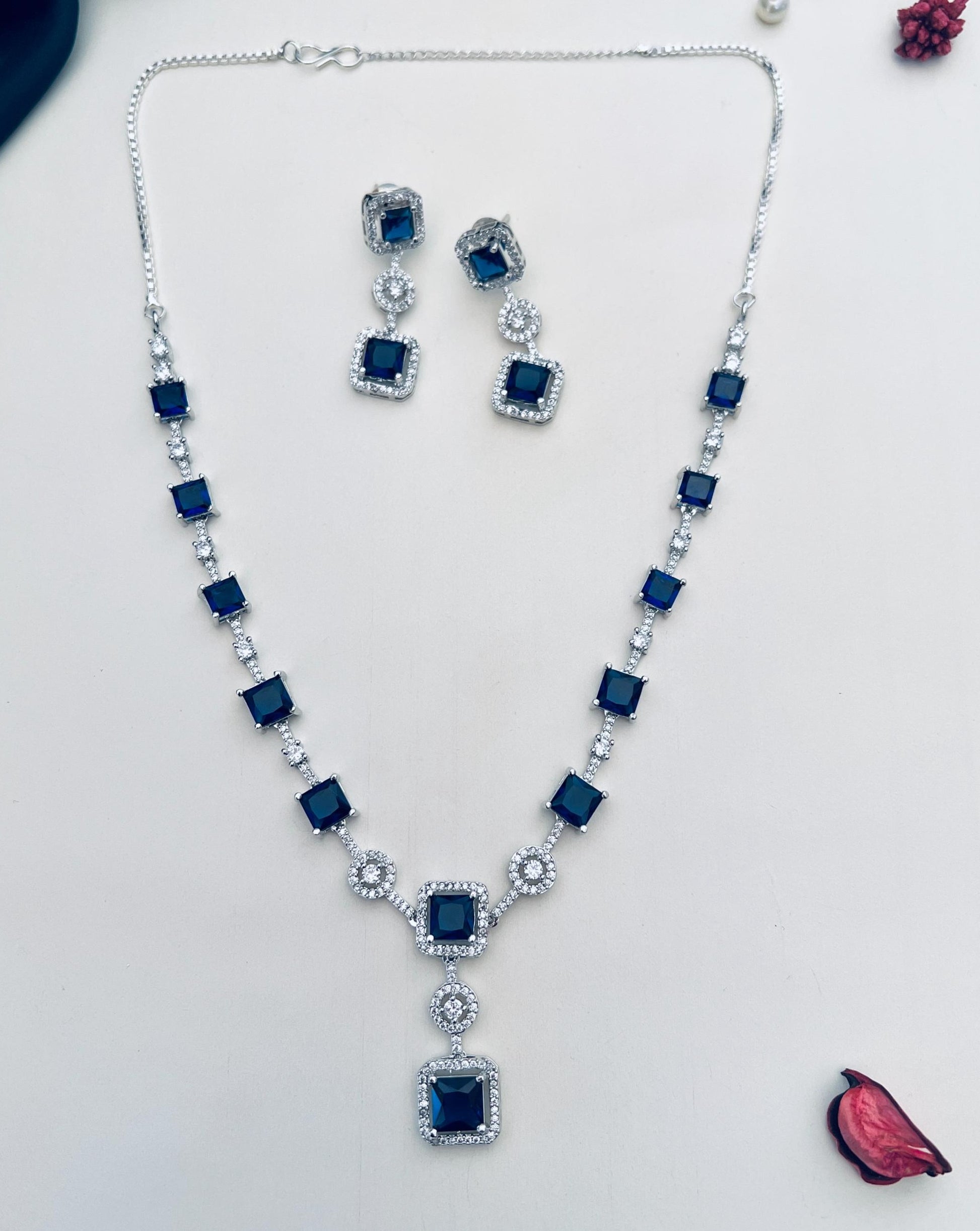 Silver Plated American Diamond Necklace Set with blue square stones and matching earrings by Abdesignsjewellery