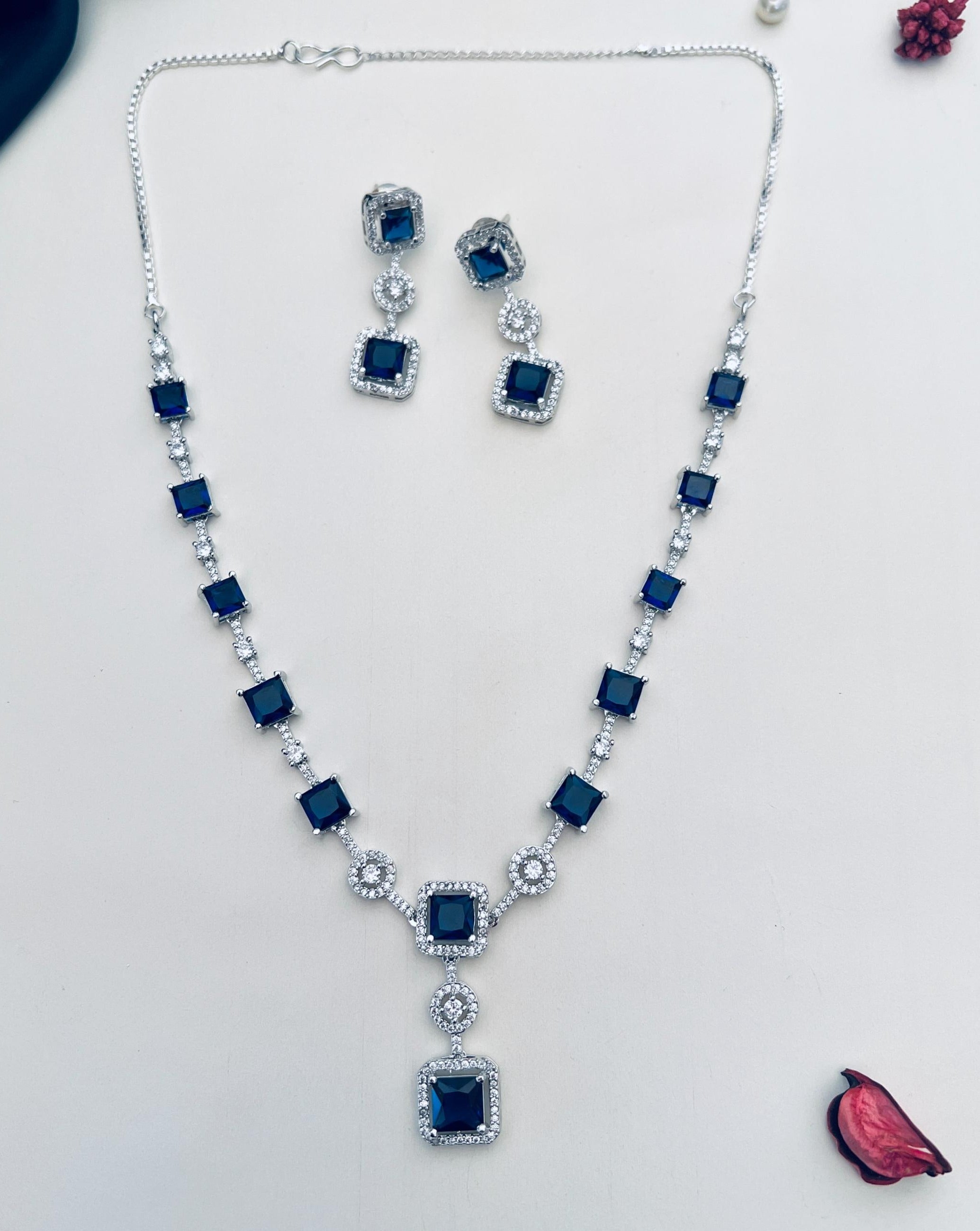 Silver Plated American Diamond Necklace Set with blue square stones and matching earrings by Abdesignsjewellery