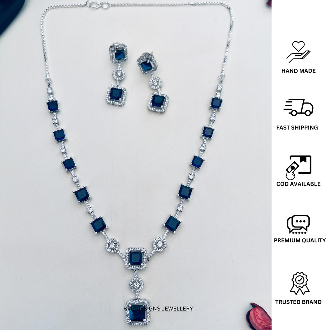 Silver Plated American Diamond Necklace Set with matching earrings on model by Abdesignsjewellery