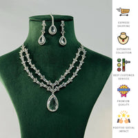 Thumbnail for Silver Plated American Diamond Necklace Set with matching earrings displayed on green stand