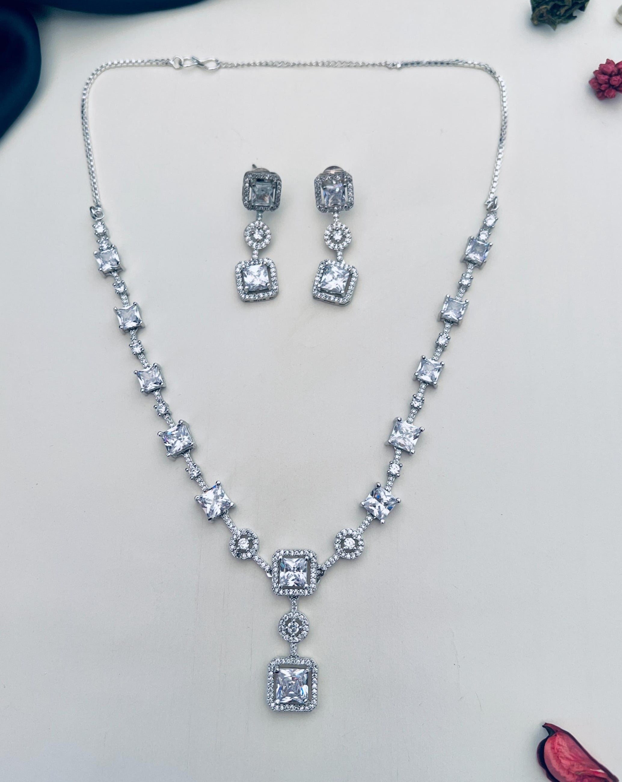 Silver Plated American Diamond Necklace Set featuring square and round stones with matching earrings
