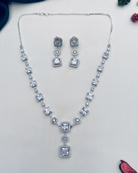 Thumbnail for Silver Plated American Diamond Necklace Set featuring square and round stones with matching earrings