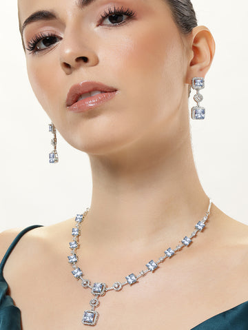 Silver Plated American Diamond Necklace Set with matching earrings on model by Abdesignsjewellery