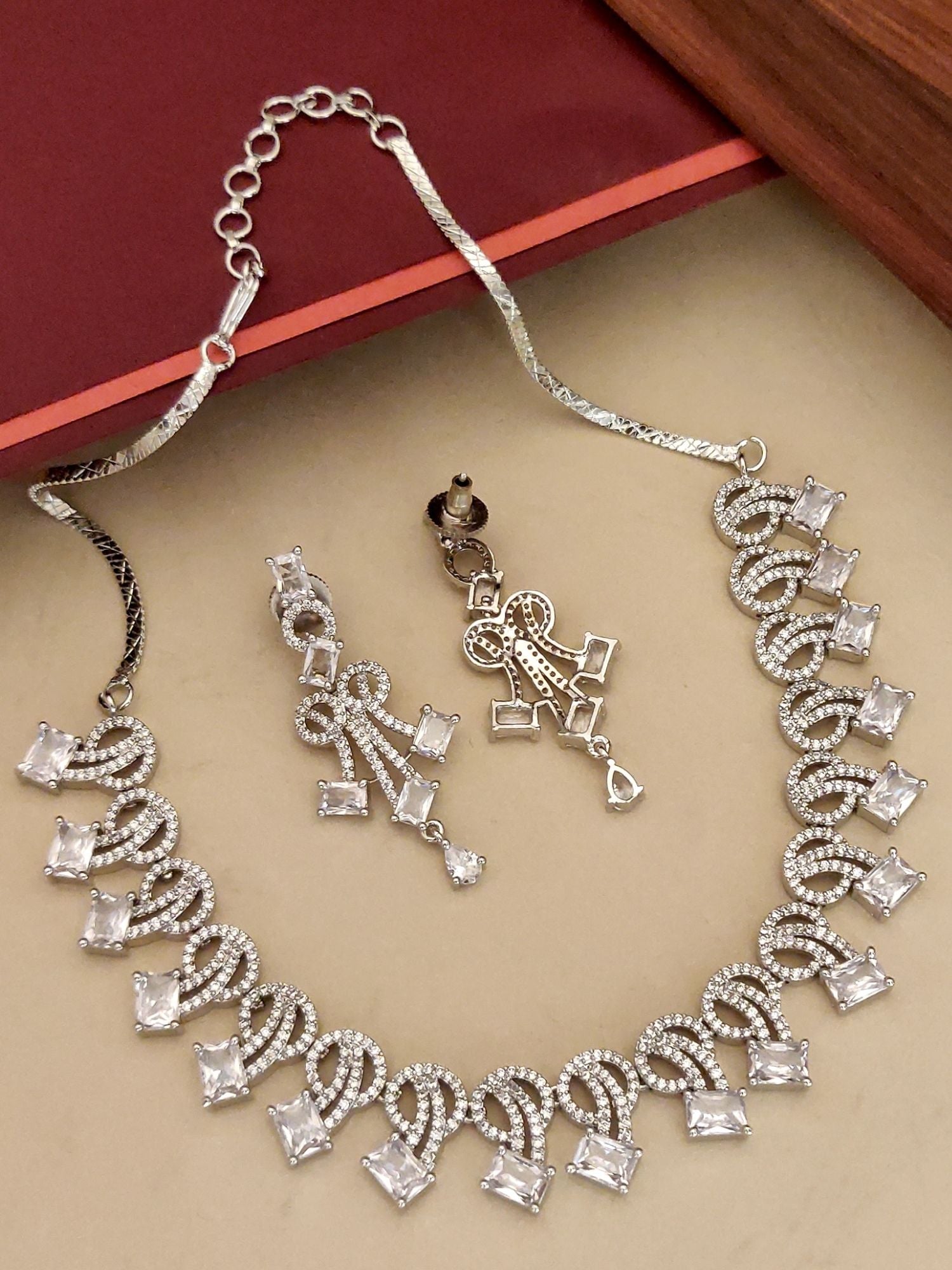 Abdesignsjewellery silver plated american diamond necklace set with looped halo design and matching earrings