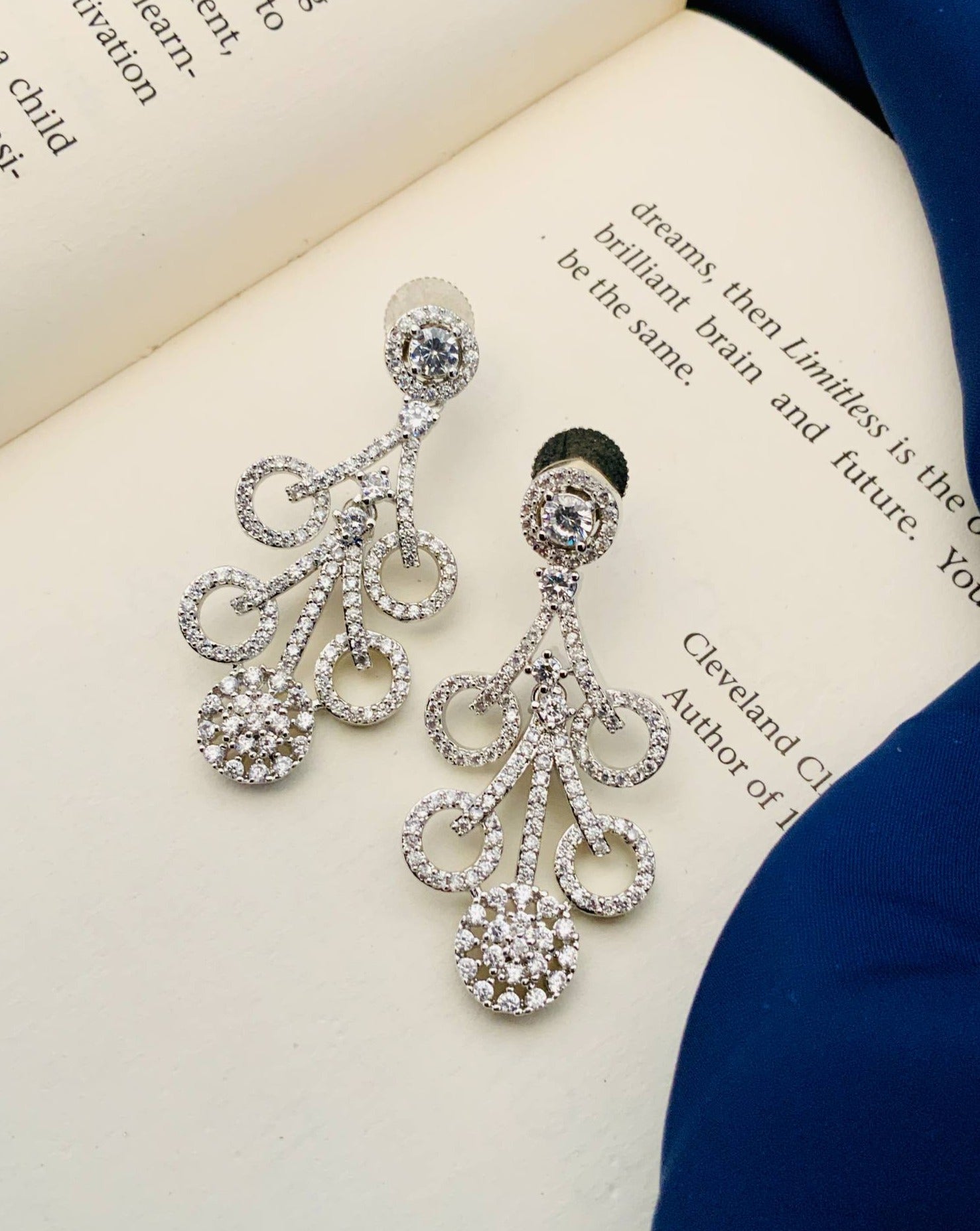 Silver Plated American Diamond Necklace Set featuring intricate sparkling design on book background