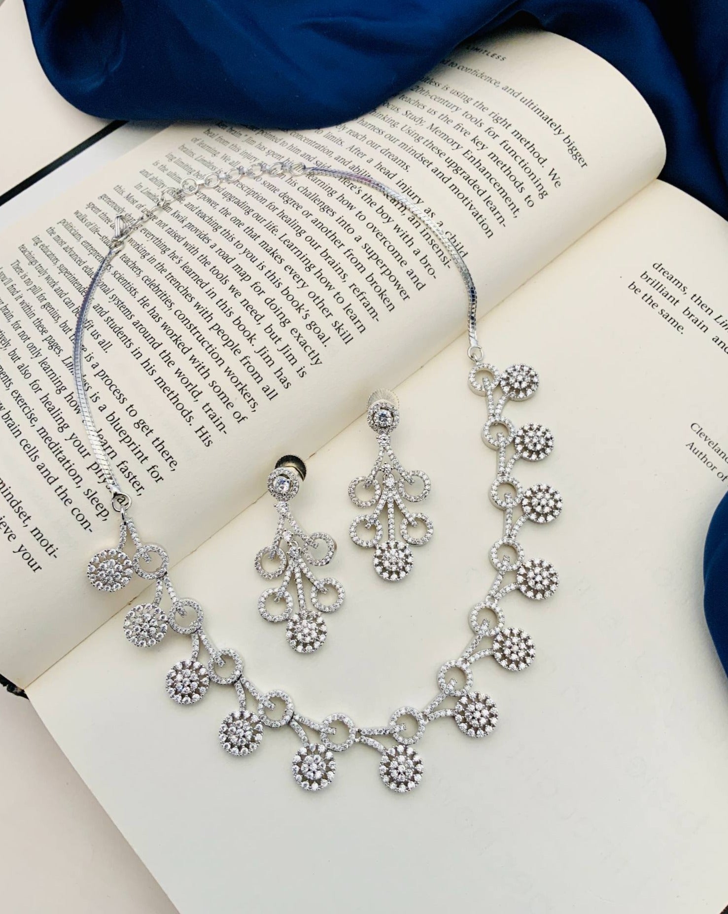 Silver Plated American Diamond Necklace Set by Abdesignsjewellery with floral cluster design