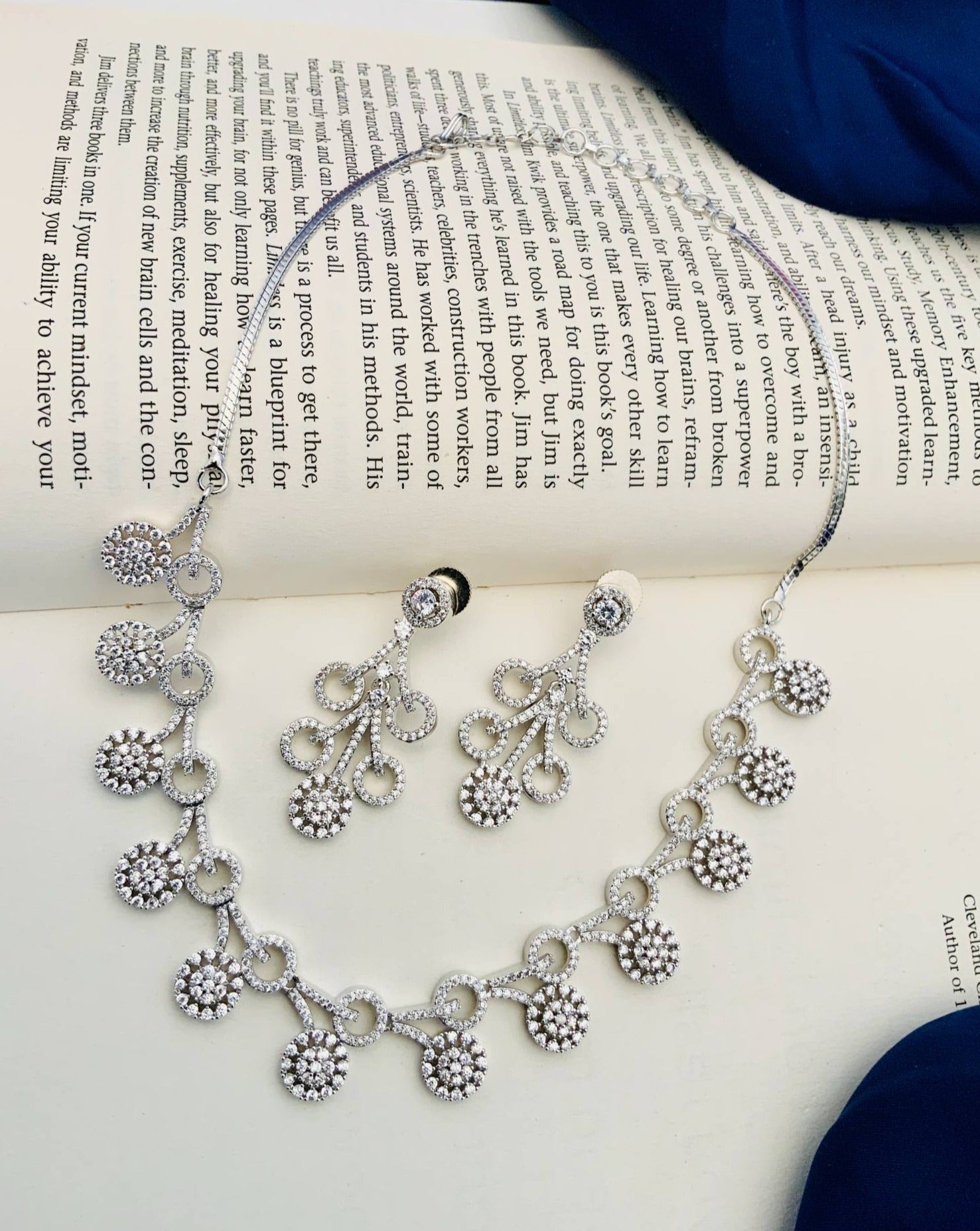 Silver Plated American Diamond Necklace Set with intricate floral design and matching earrings by Abdesignsjewellery