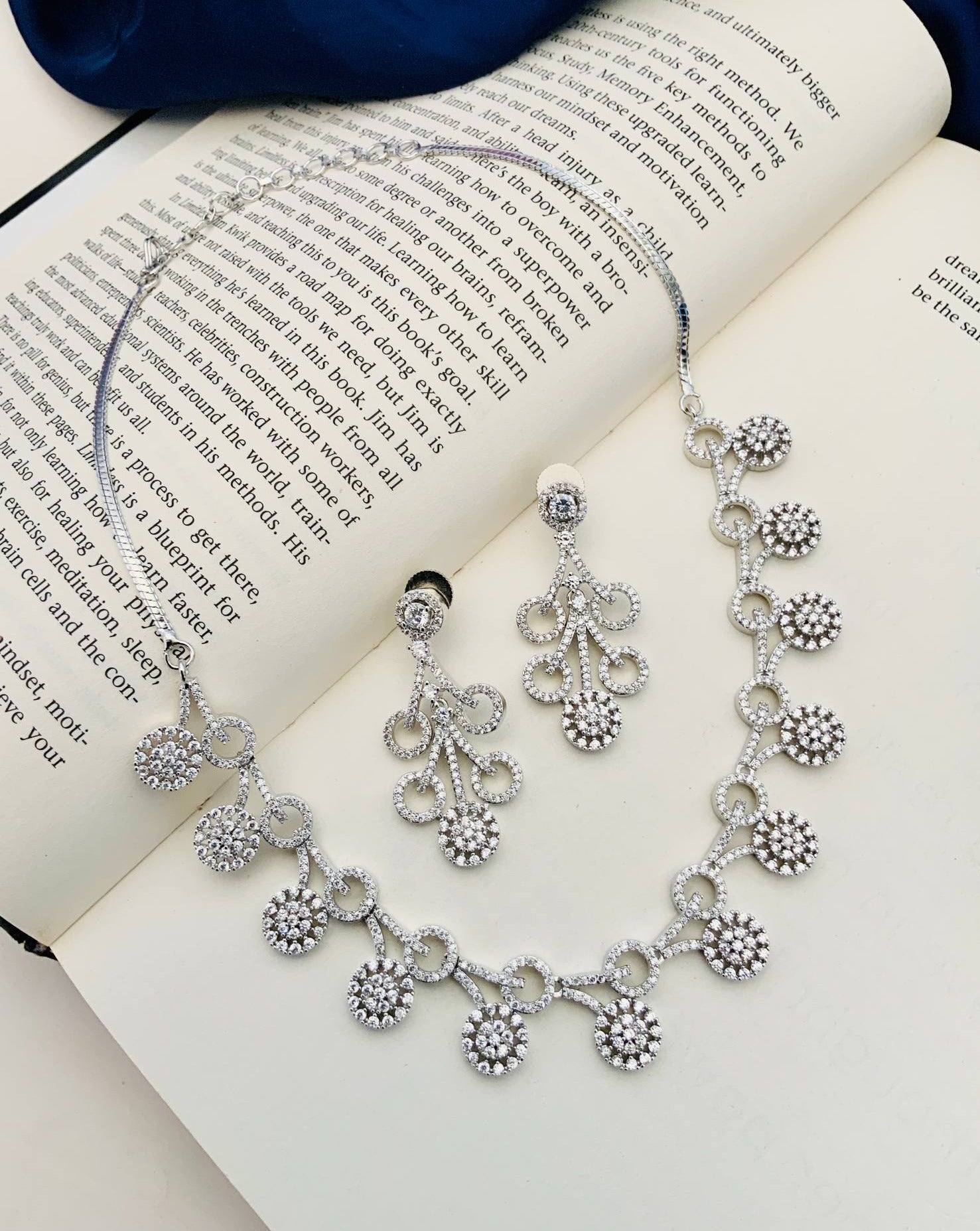 Silver Plated American Diamond Necklace Set by Abdesignsjewellery displayed on an open book