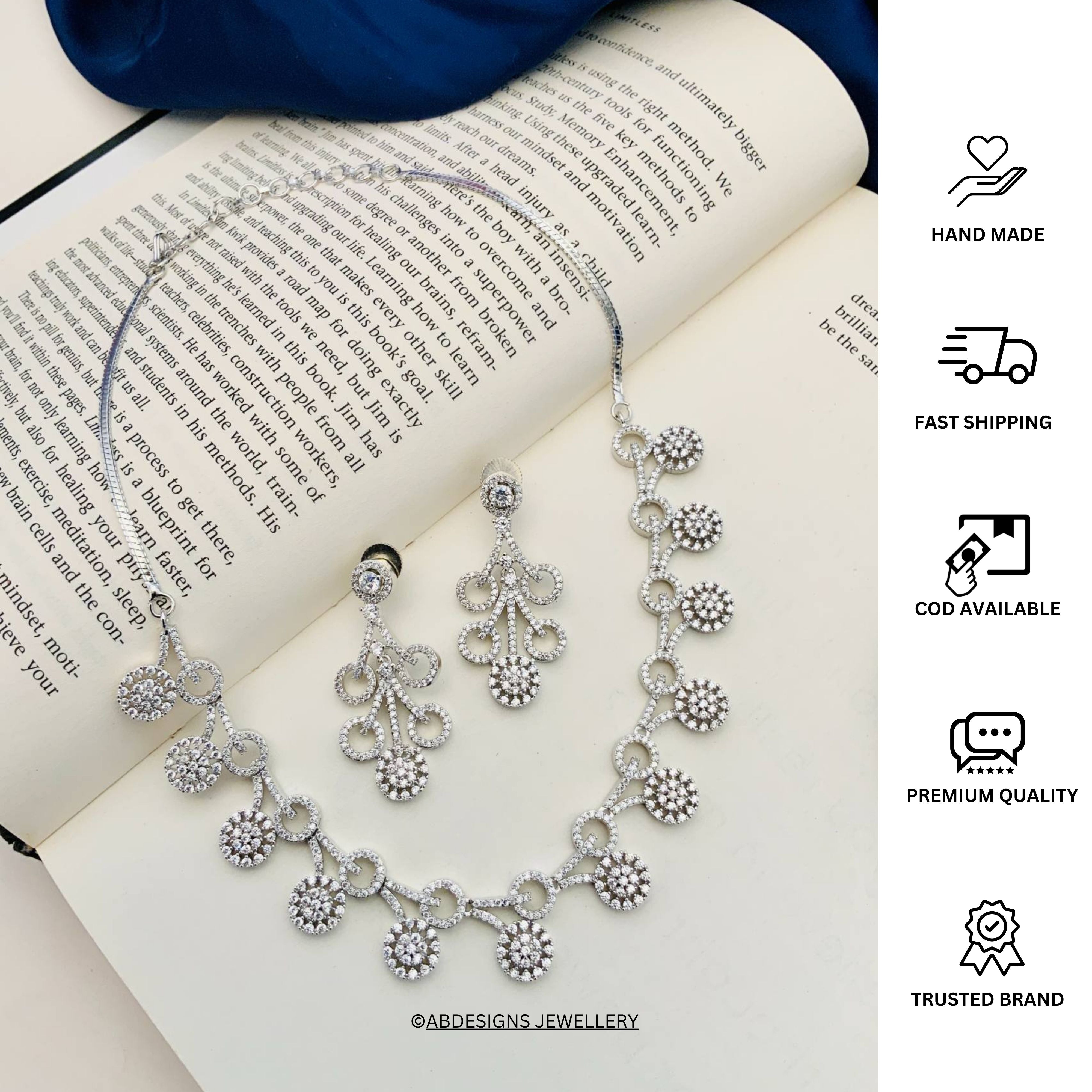 Silver Plated American Diamond Necklace Set featuring intricate floral design by Abdesignsjewellery