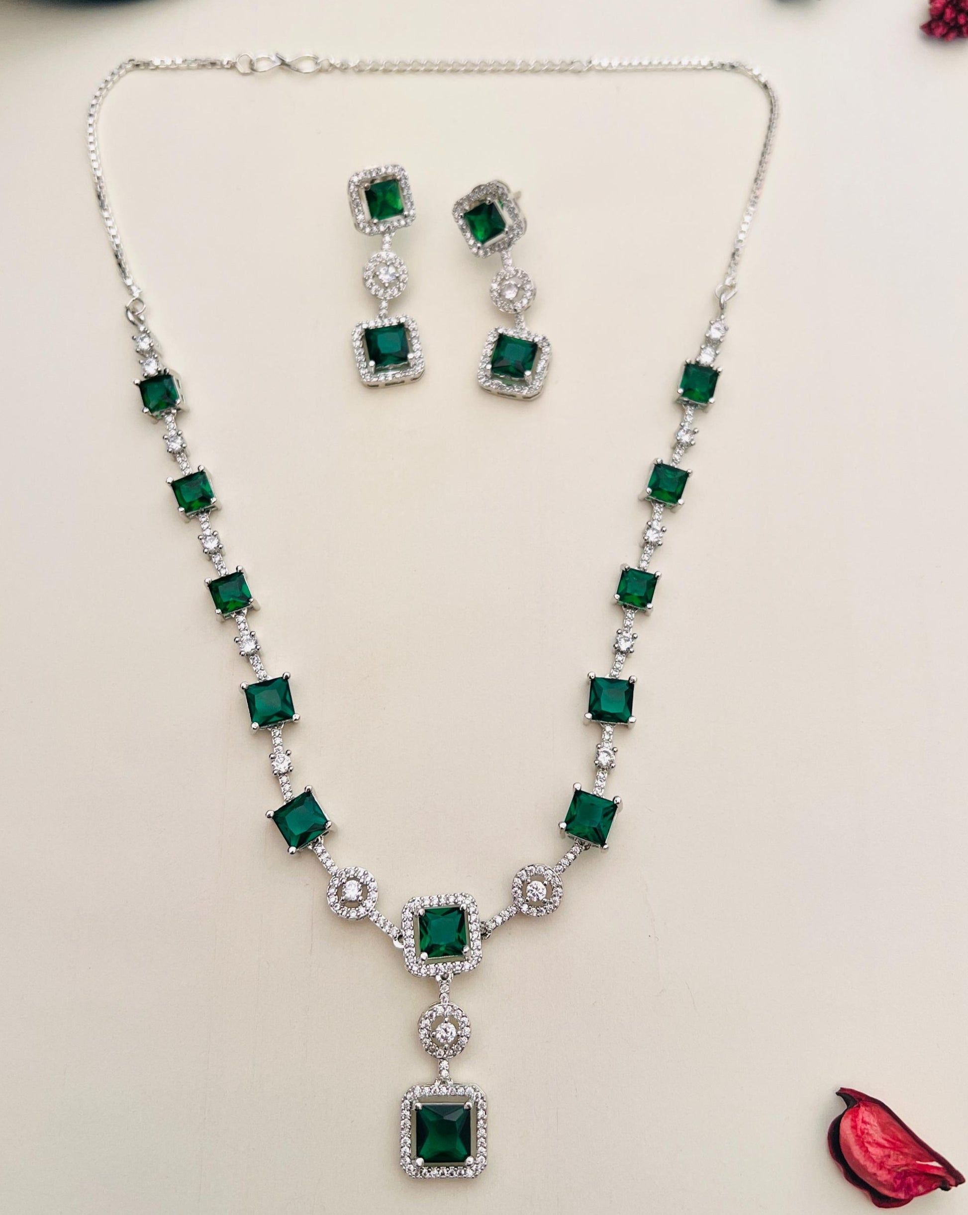 Silver Plated American Diamond Necklace Set with green stones and matching earrings by Abdesignsjewellery