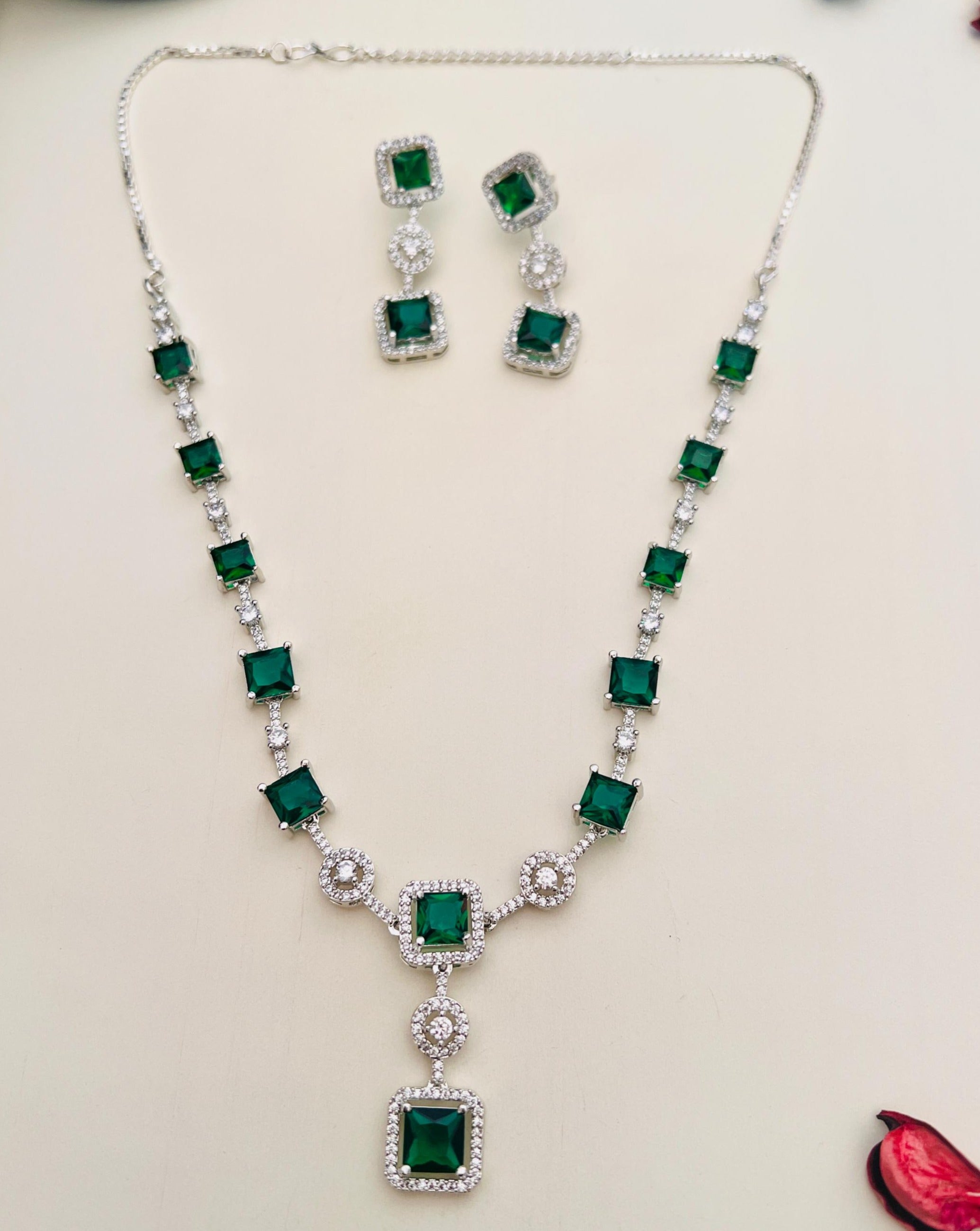 Silver Plated American Diamond Necklace Set with green square stones and matching earrings by Abdesignsjewellery