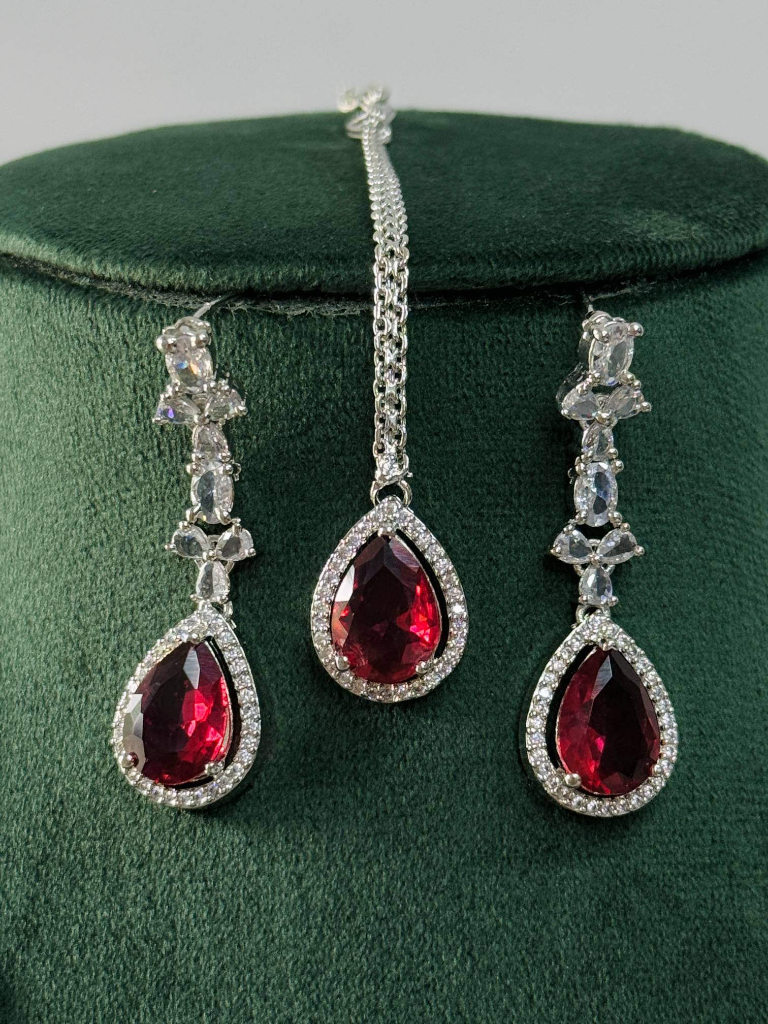 Abdesignsjewellery Silver Plated American Diamond Necklace Set with red teardrop stones and intricate design