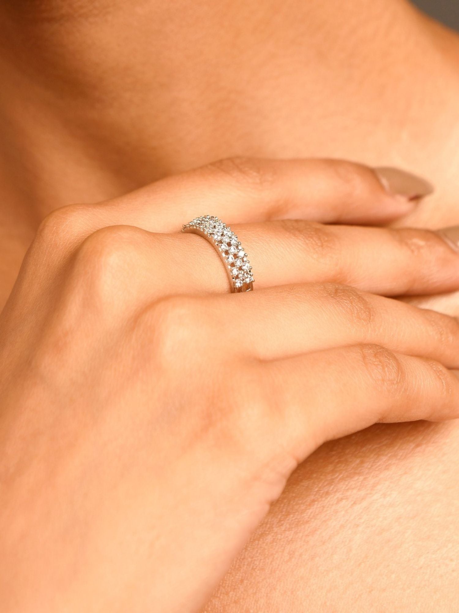 Abdesignsjewellery silver plated American diamond ring sparkling pave band worn on model hand