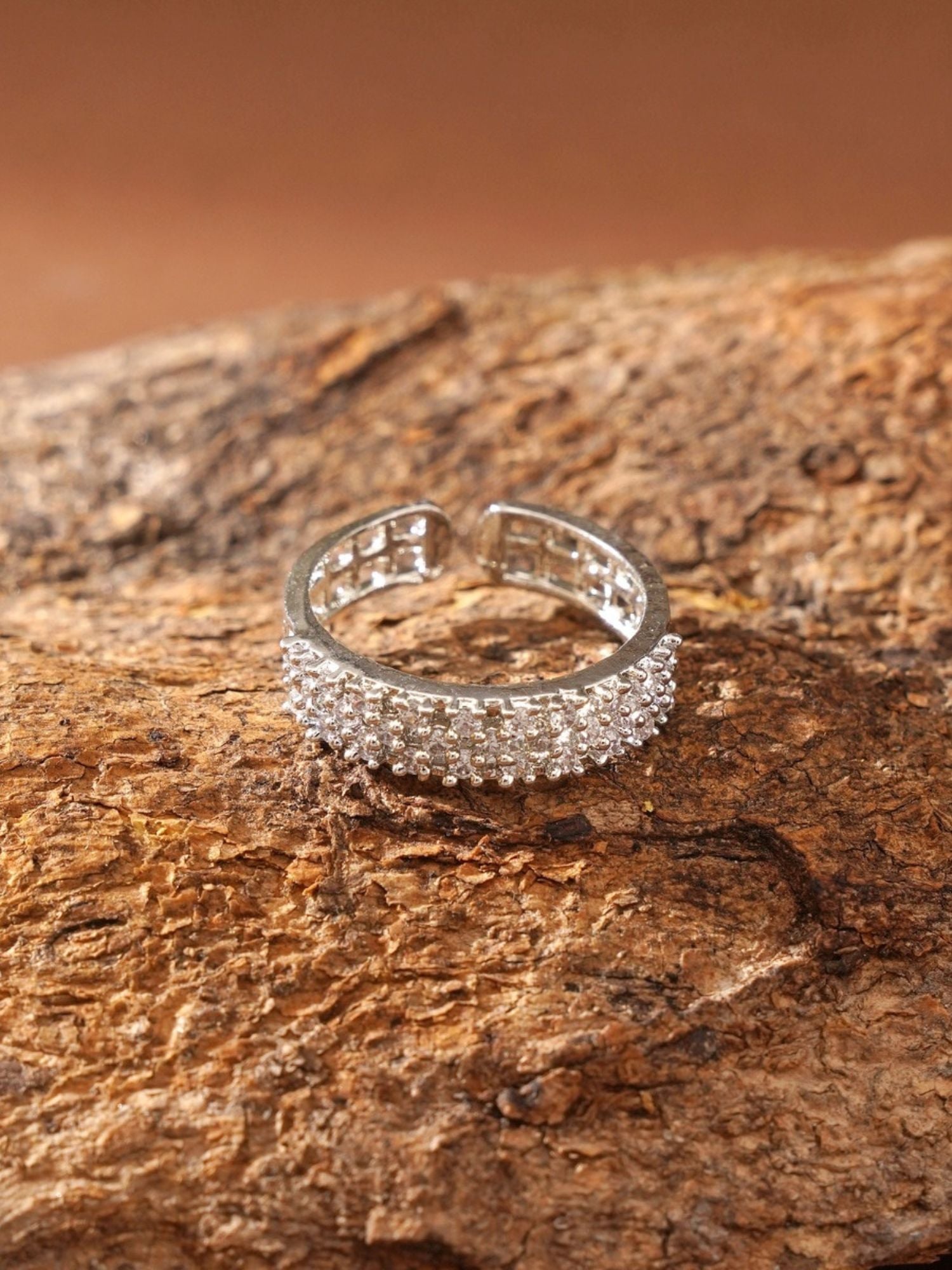 Abdesignsjewellery silver plated American diamond ring adjustable open band with double row sparkling stones