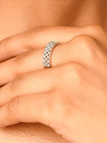 Abdesignsjewellery silver plated American diamond ring double row pave band on model finger close up