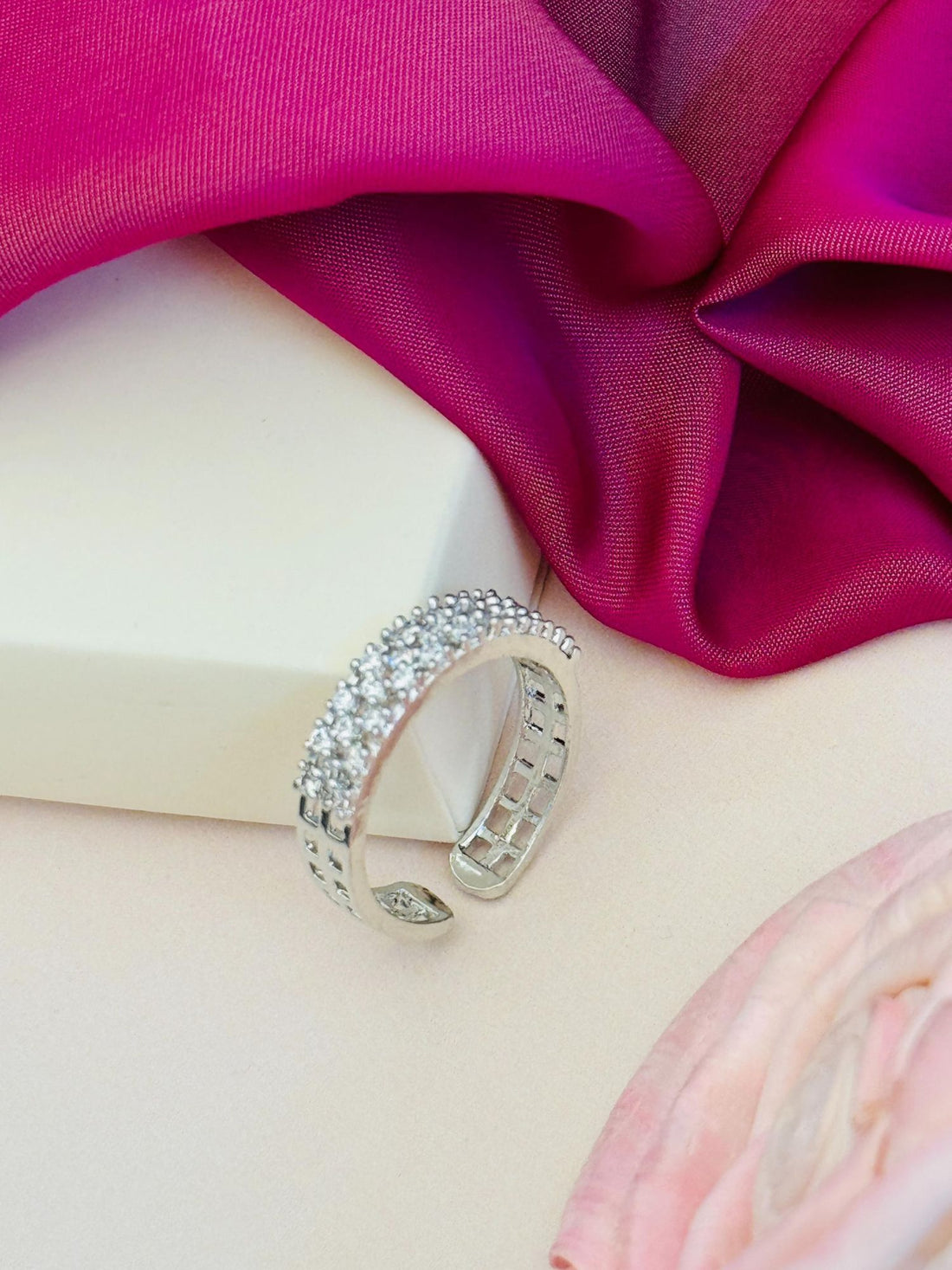 Abdesignsjewellery silver plated American diamond ring double row pave band on model finger close up