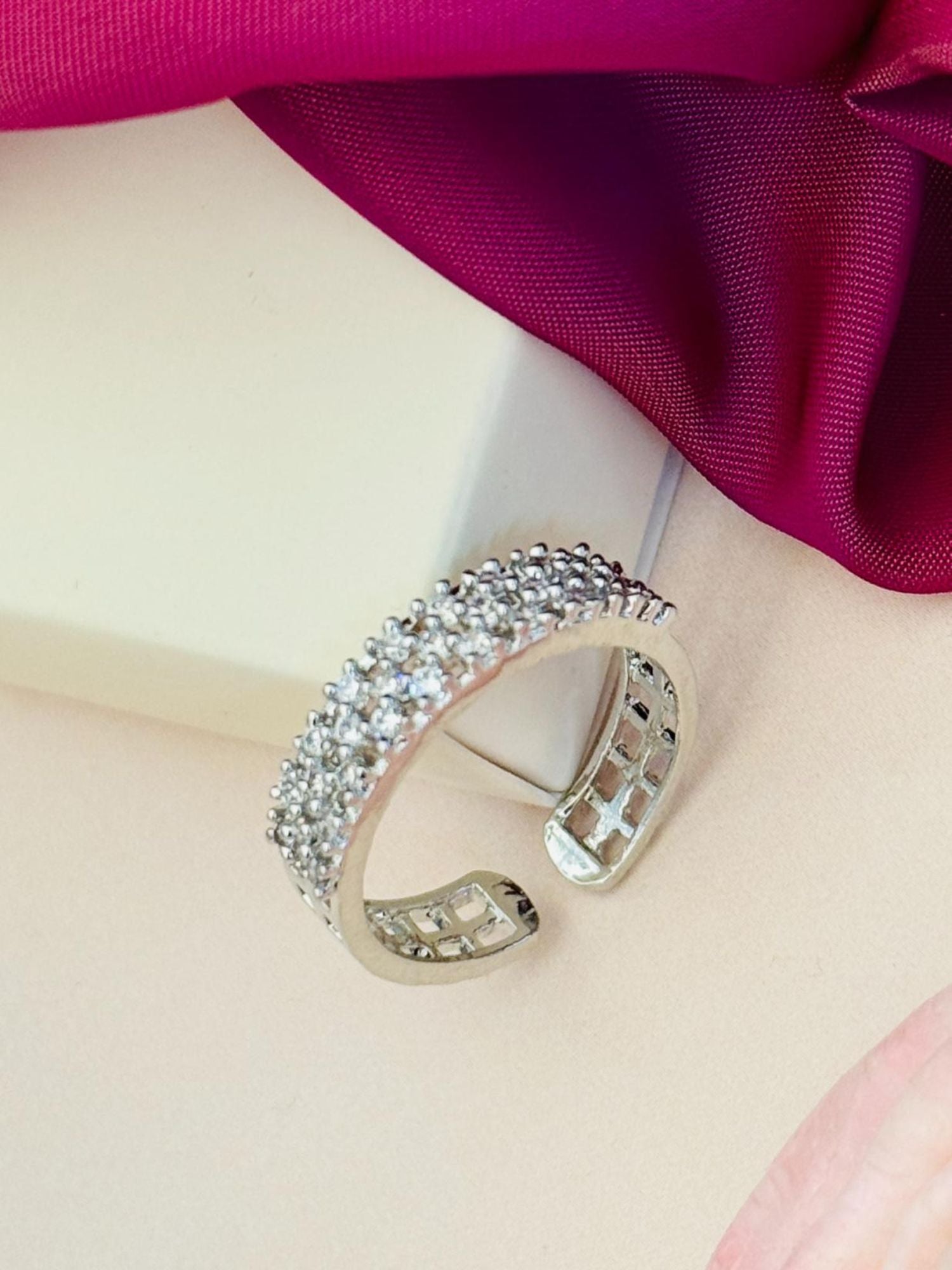 Abdesignsjewellery silver plated American diamond ring open adjustable pave multi row band with sparkling stones