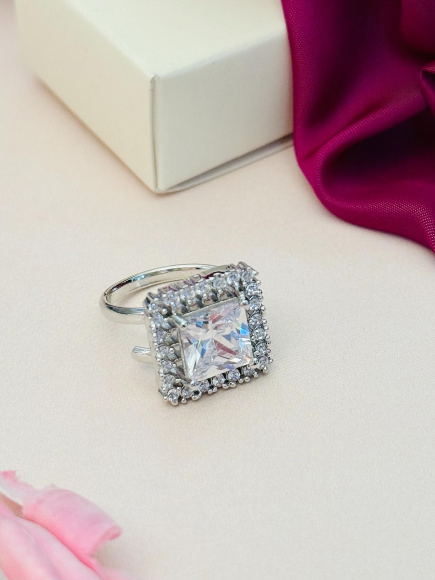 Abdesignsjewellery silver plated American diamond square ring with princess cut center and halo