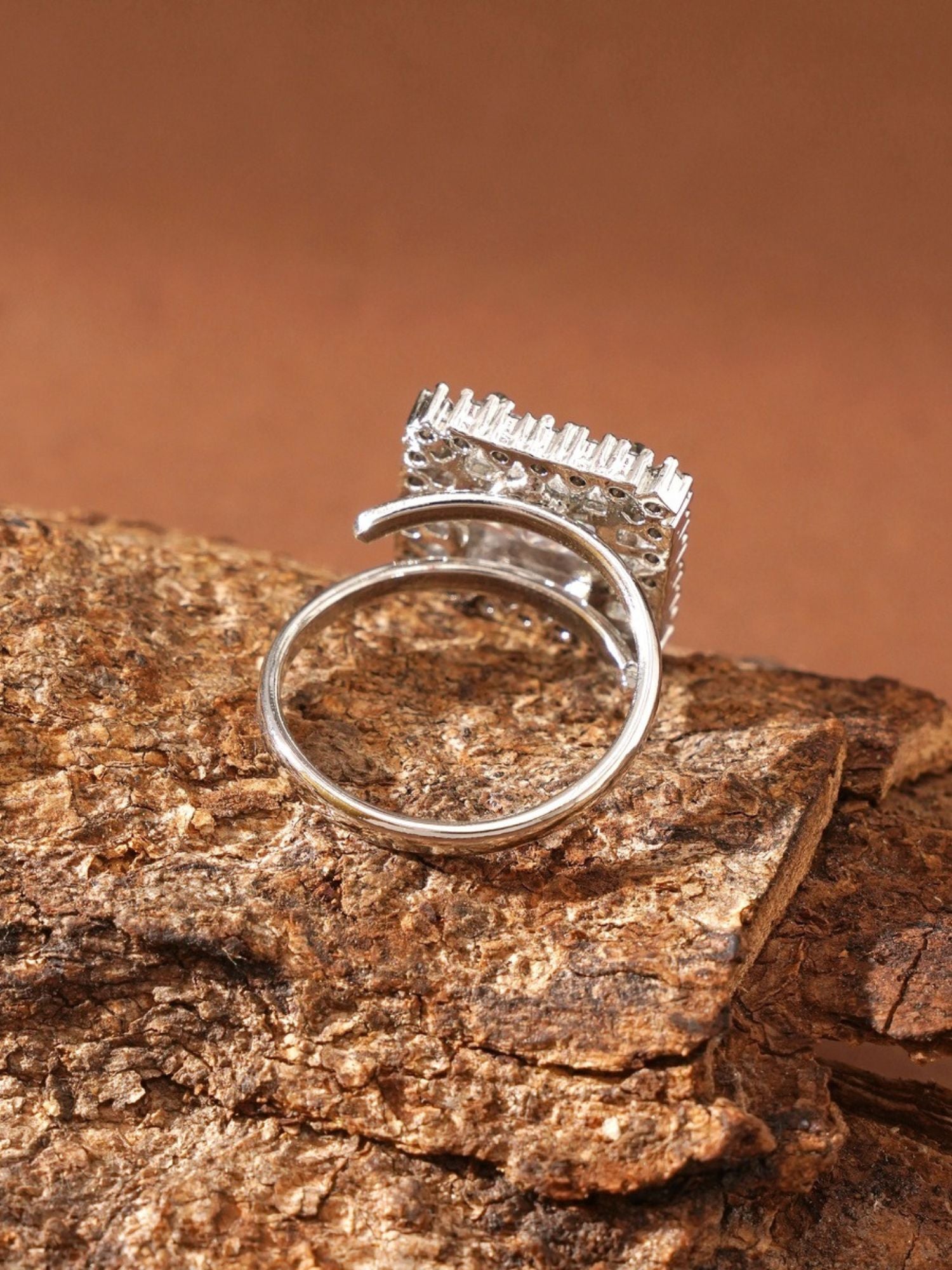 Abdesignsjewellery silver plated American diamond square ring double band baguette cluster on rustic wood background